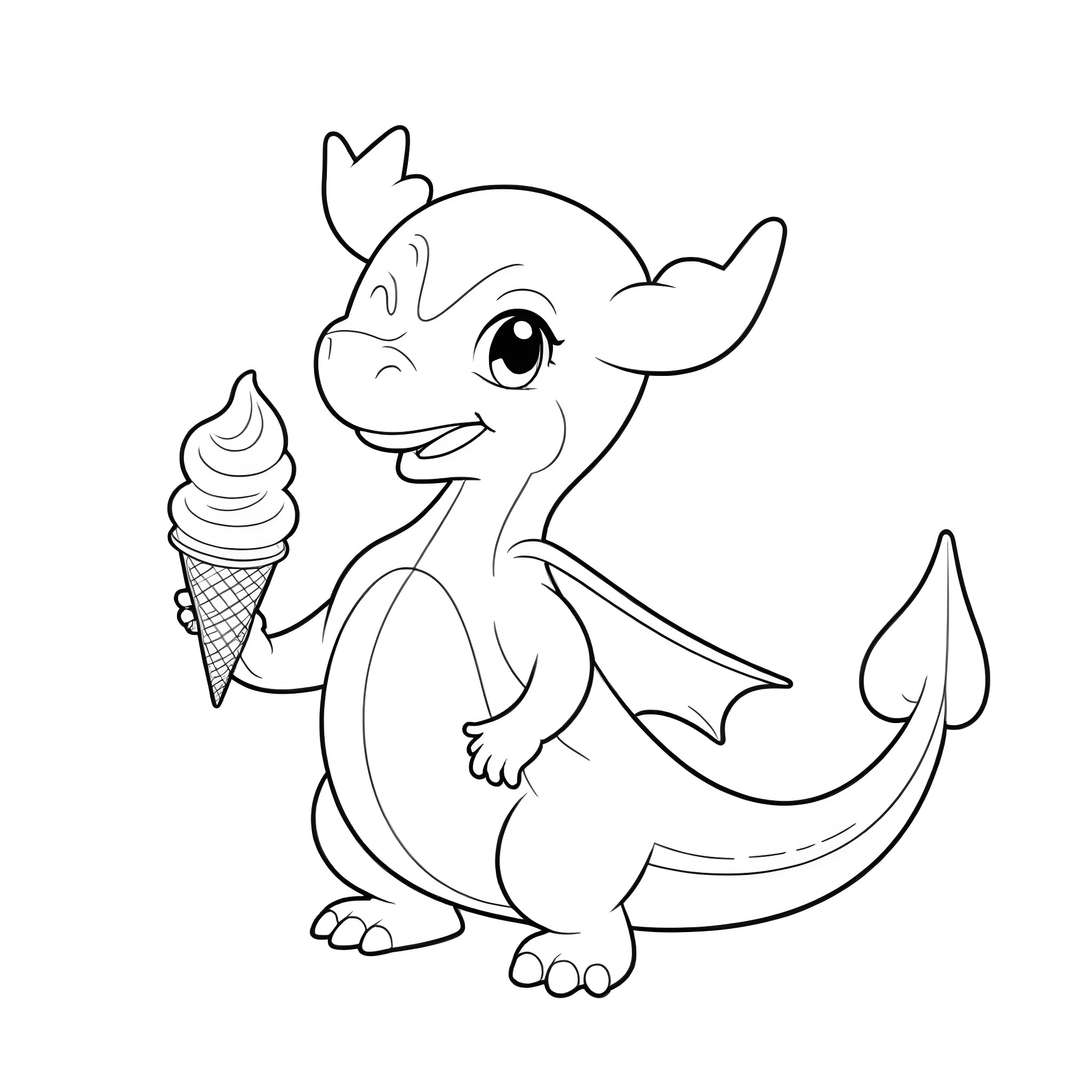 Charizard eating an ice cream cone Coloring Page (free black-and-white line drawing printable PDF for all, from beginners to advanced learners, including children, teens, adults, and seniors)