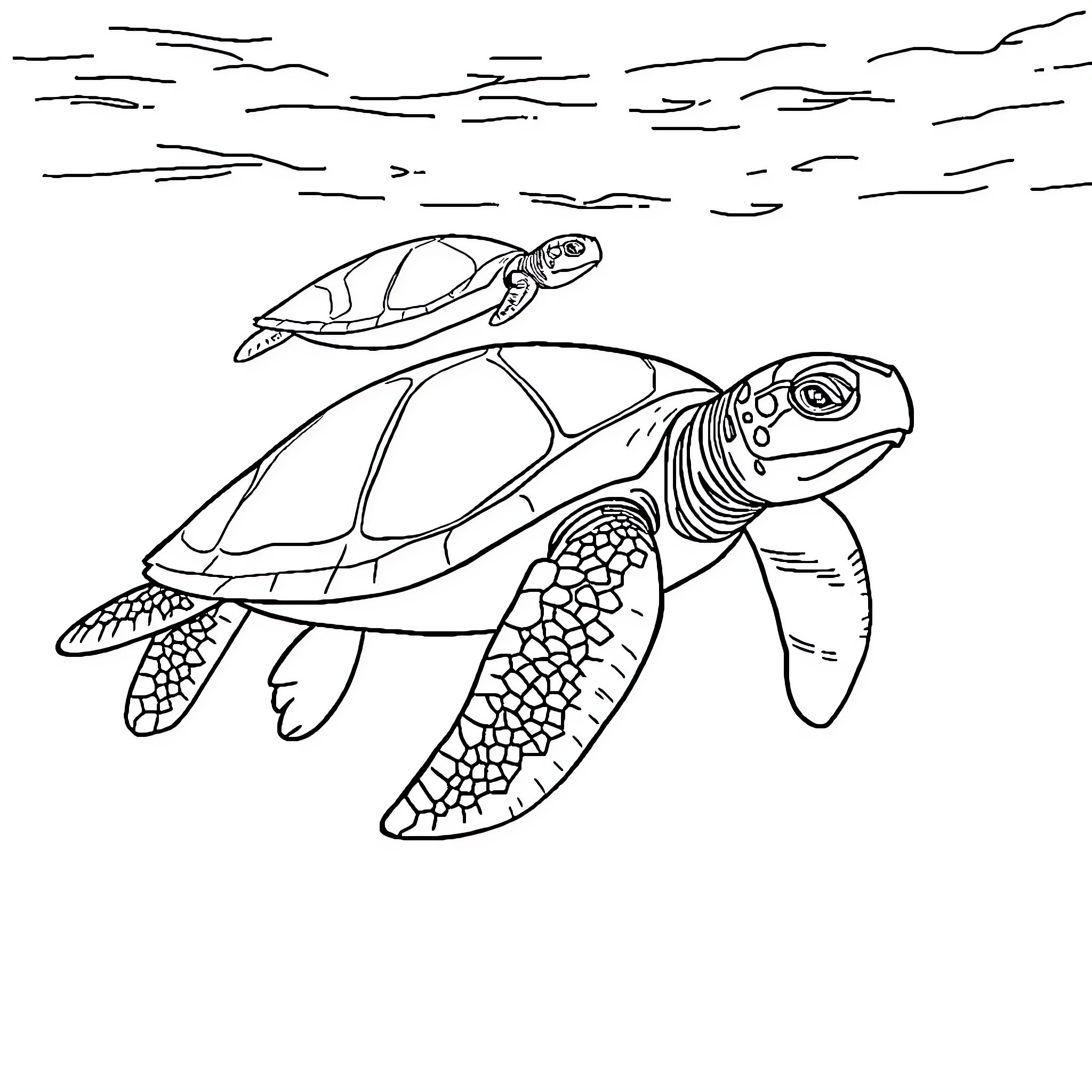 Sea Turtles Swimming in the Ocean Coloring Page (free black-and-white line drawing printable PDF for all, from beginners to advanced learners, including children, teens, adults, and seniors)