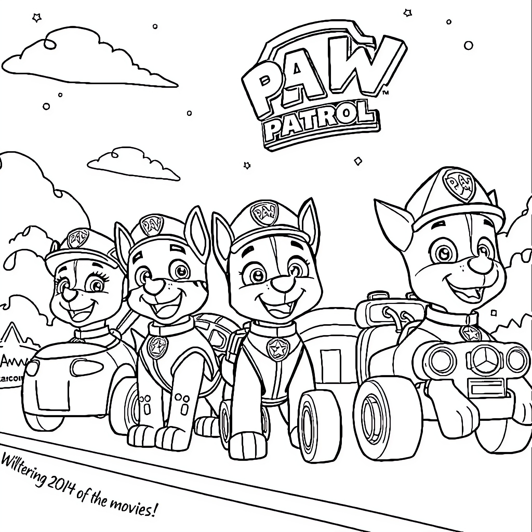 Paw Patrol characters in action poses Coloring Page (free black-and-white line drawing printable PDF for all, from beginners to advanced learners, including children, teens, adults, and seniors)
