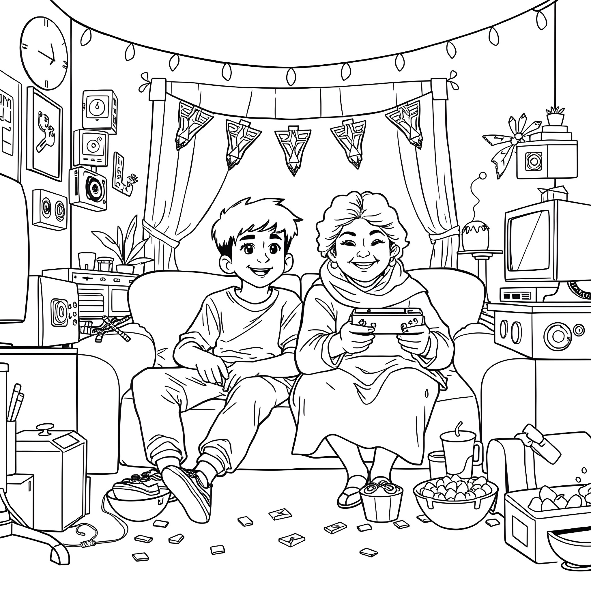 Jaxson and his grandmother playing video games together Coloring Page (free black-and-white line drawing printable PDF for all, from beginners to advanced learners, including children, teens, adults, and seniors)