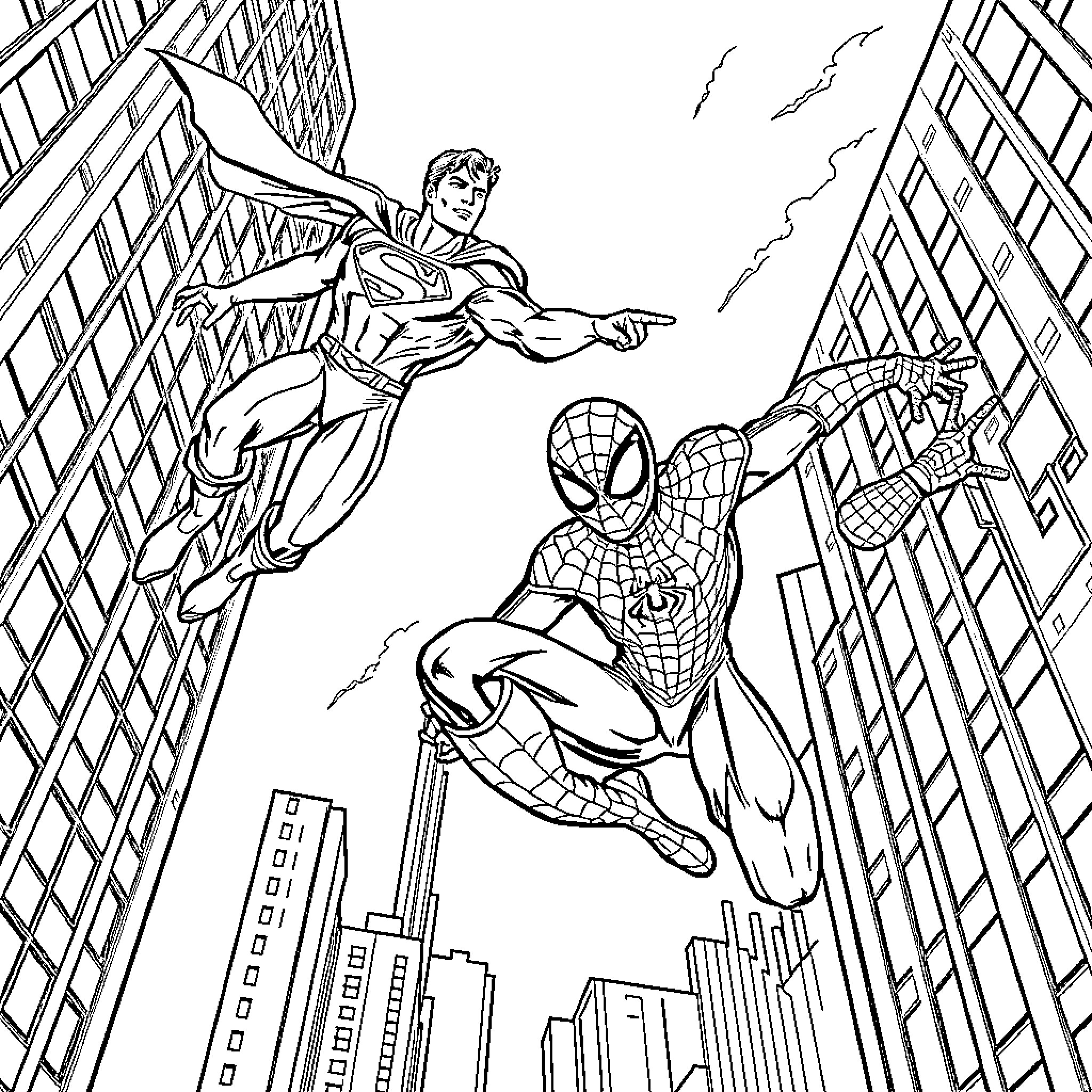 Superman and Spider-Man soaring through the city skyline Coloring Page (free black-and-white line drawing printable PDF for all, from beginners to advanced learners, including children, teens, adults, and seniors)