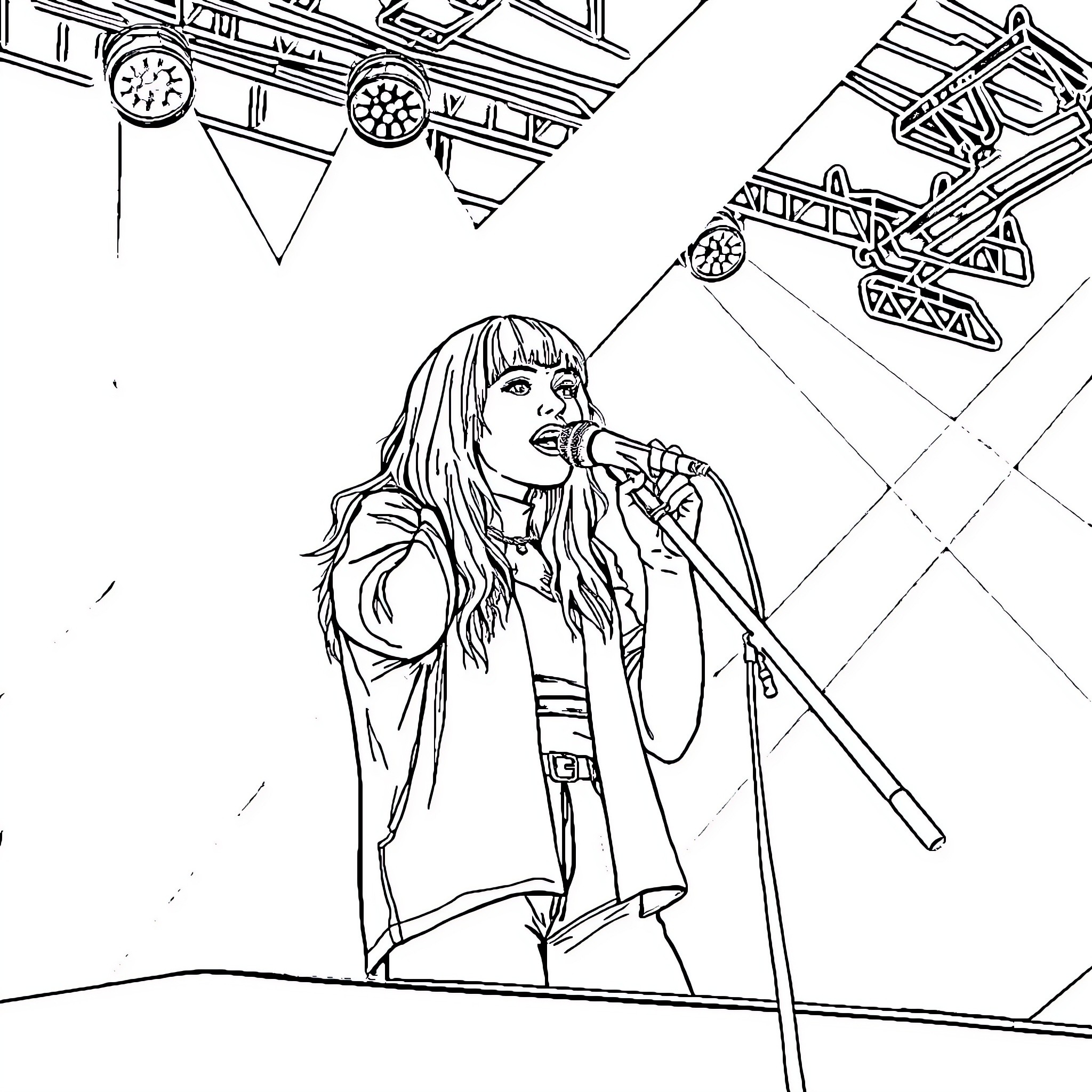 Billie Eilish performing on stage with microphone Coloring Page (free black-and-white line drawing printable PDF for all, from beginners to advanced learners, including children, teens, adults, and seniors)