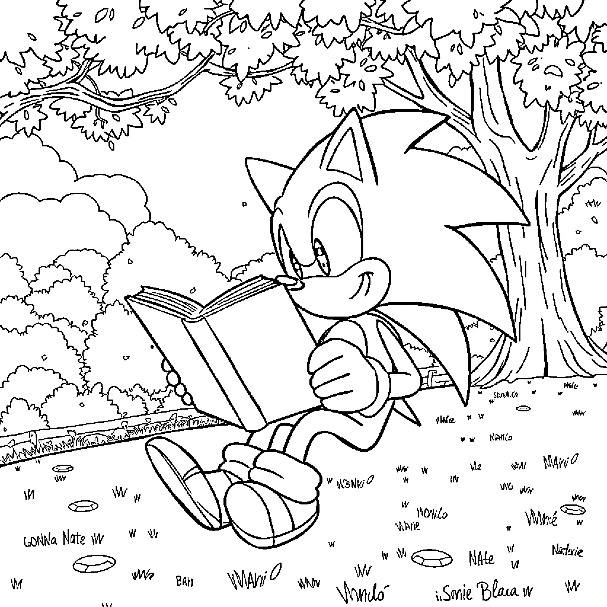 Sonic reading a book in the forest Coloring Page (free black-and-white line drawing printable PDF for all, from beginners to advanced learners, including children, teens, adults, and seniors)