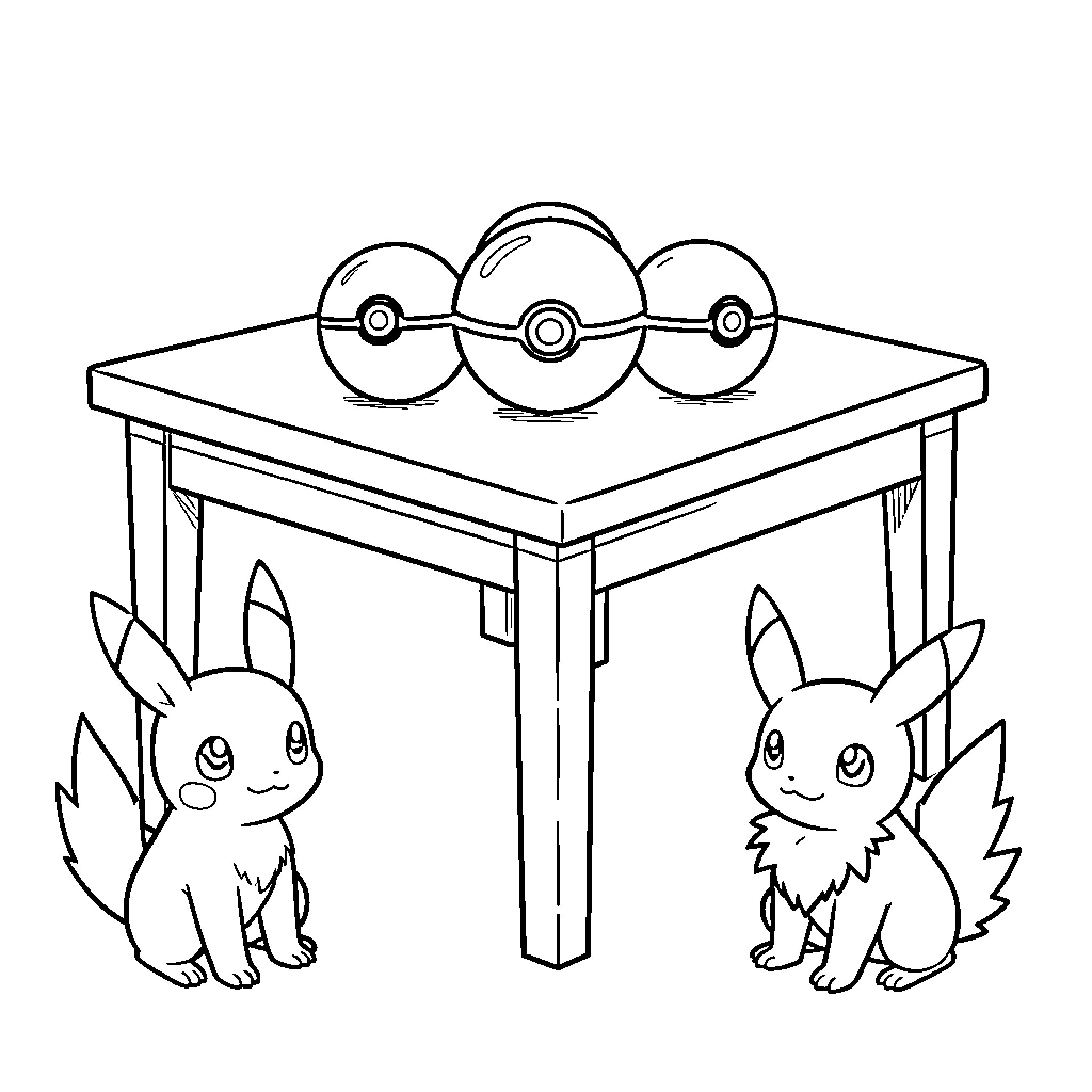 Pokémon sitting and looking at Poké Balls on a table Coloring Page (free black-and-white line drawing printable PDF for all, from beginners to advanced learners, including children, teens, adults, and seniors)