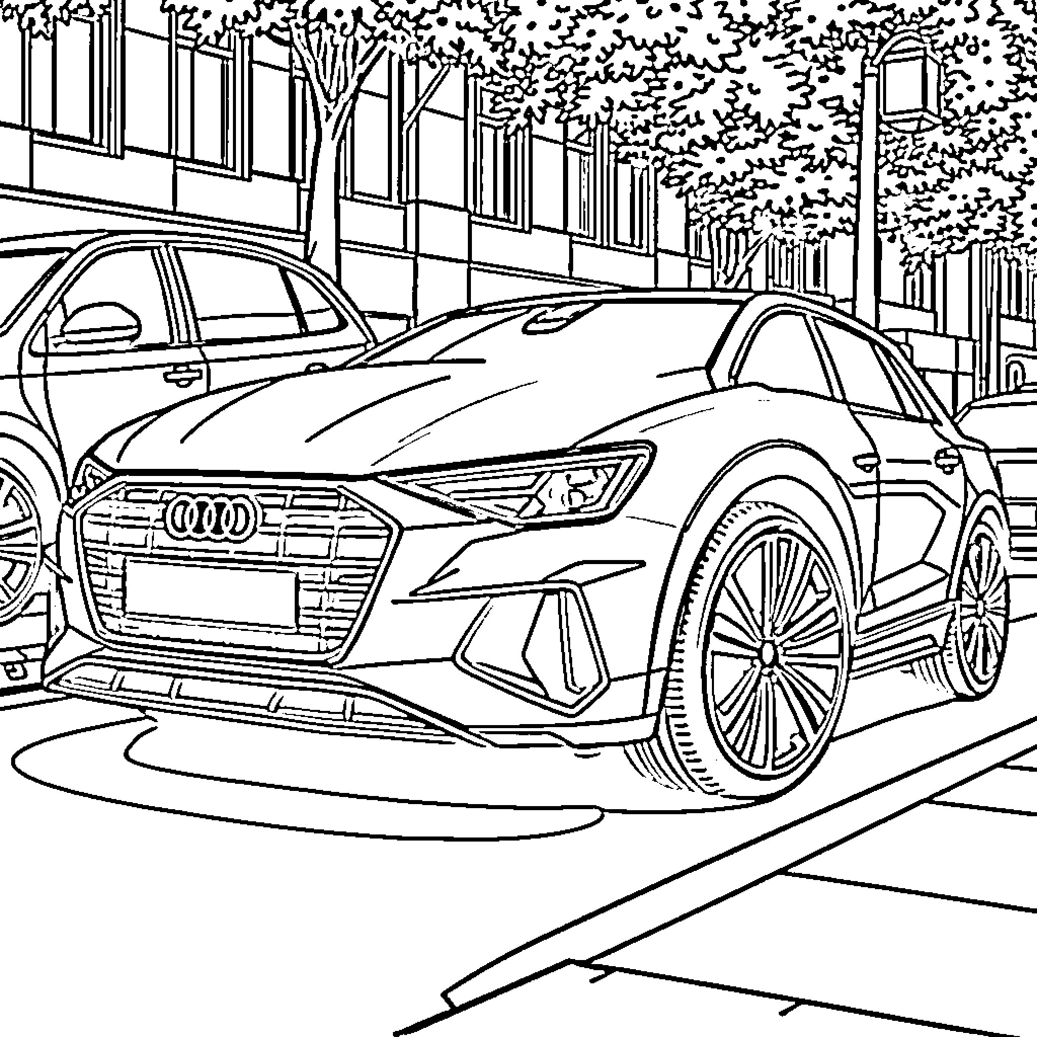 Audi cars parked on urban street Coloring Page (free black-and-white line drawing printable PDF for all, from beginners to advanced learners, including children, teens, adults, and seniors)