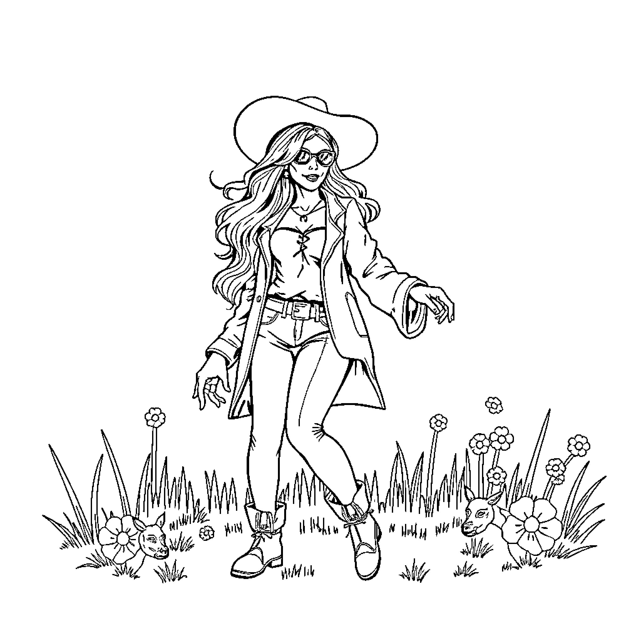 T-Shirt with Girl in Casual Summer Outfit Coloring Page (free black-and-white line drawing printable PDF for all, from beginners to advanced learners, including children, teens, adults, and seniors)