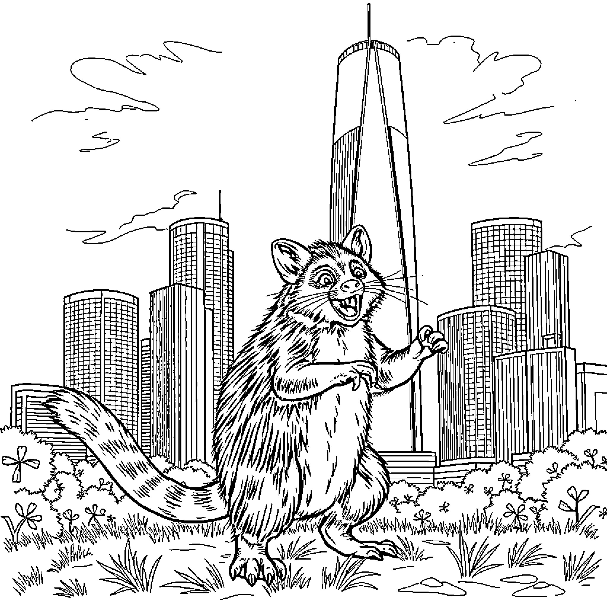Tazmanian Devil exploring the city skyline Coloring Page (free black-and-white line drawing printable PDF for all, from beginners to advanced learners, including children, teens, adults, and seniors)