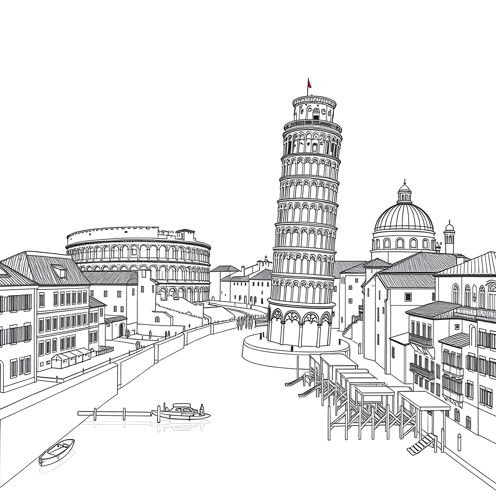 Famous Place with Iconic Leaning Tower and Domed Architecture Coloring Page (free black-and-white line drawing printable PDF for all, from beginners to advanced learners, including children, teens, adults, and seniors)