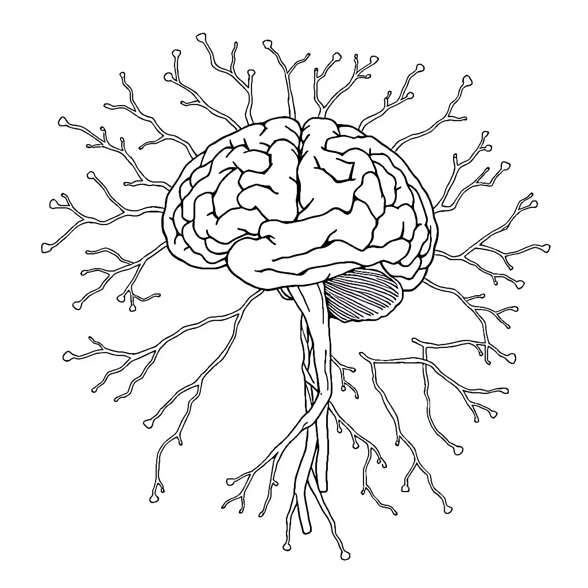 Human Nervous System Anatomical Diagram Coloring Page (free black-and-white line drawing printable PDF for all, from beginners to advanced learners, including children, teens, adults, and seniors)