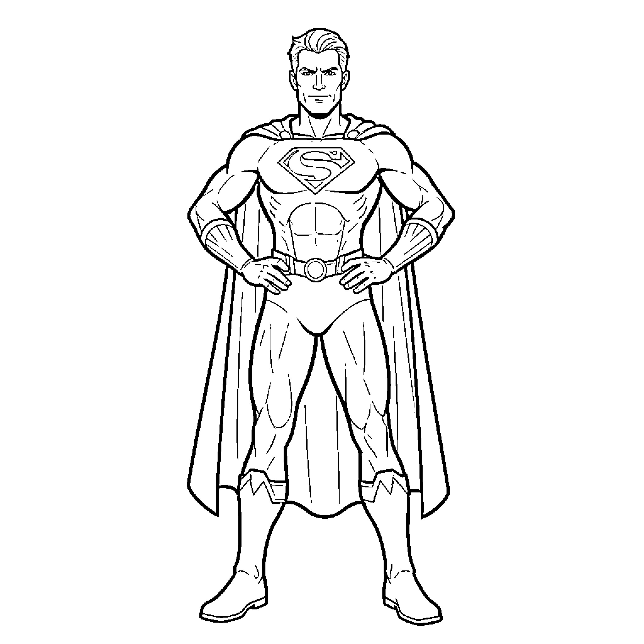 Super Hero standing confidently in a heroic pose Coloring Page (free black-and-white line drawing printable PDF for all, from beginners to advanced learners, including children, teens, adults, and seniors)