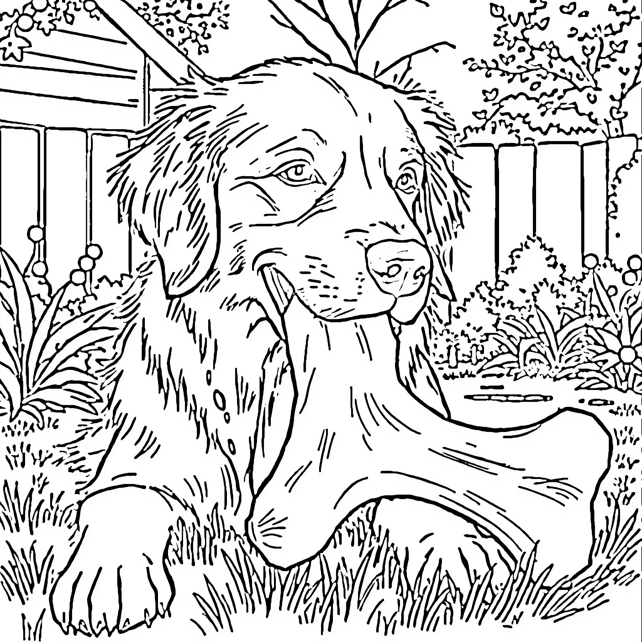 Golden Retriever relaxing in a serene garden Coloring Page (free black-and-white line drawing printable PDF for all, from beginners to advanced learners, including children, teens, adults, and seniors)