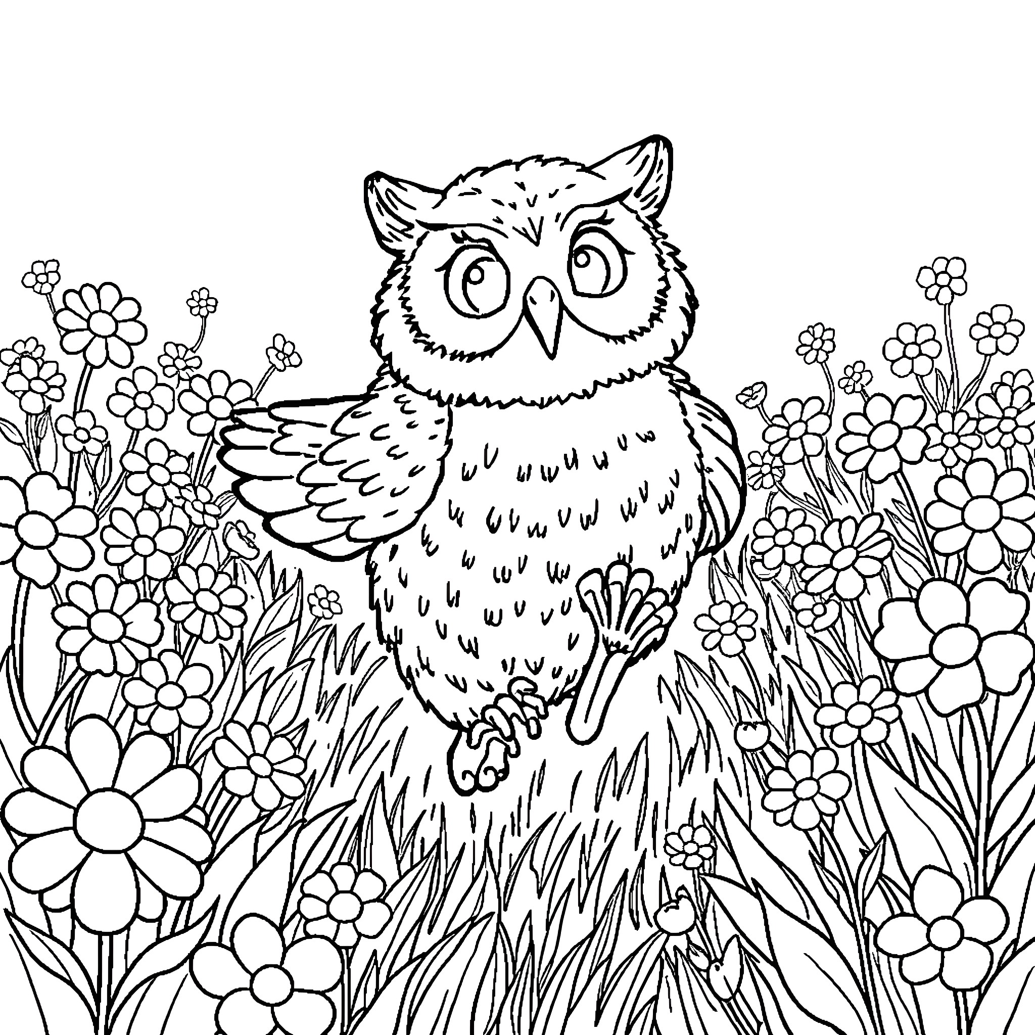 Owl Bear enjoying the floral landscape Coloring Page (free black-and-white line drawing printable PDF for all, from beginners to advanced learners, including children, teens, adults, and seniors)
