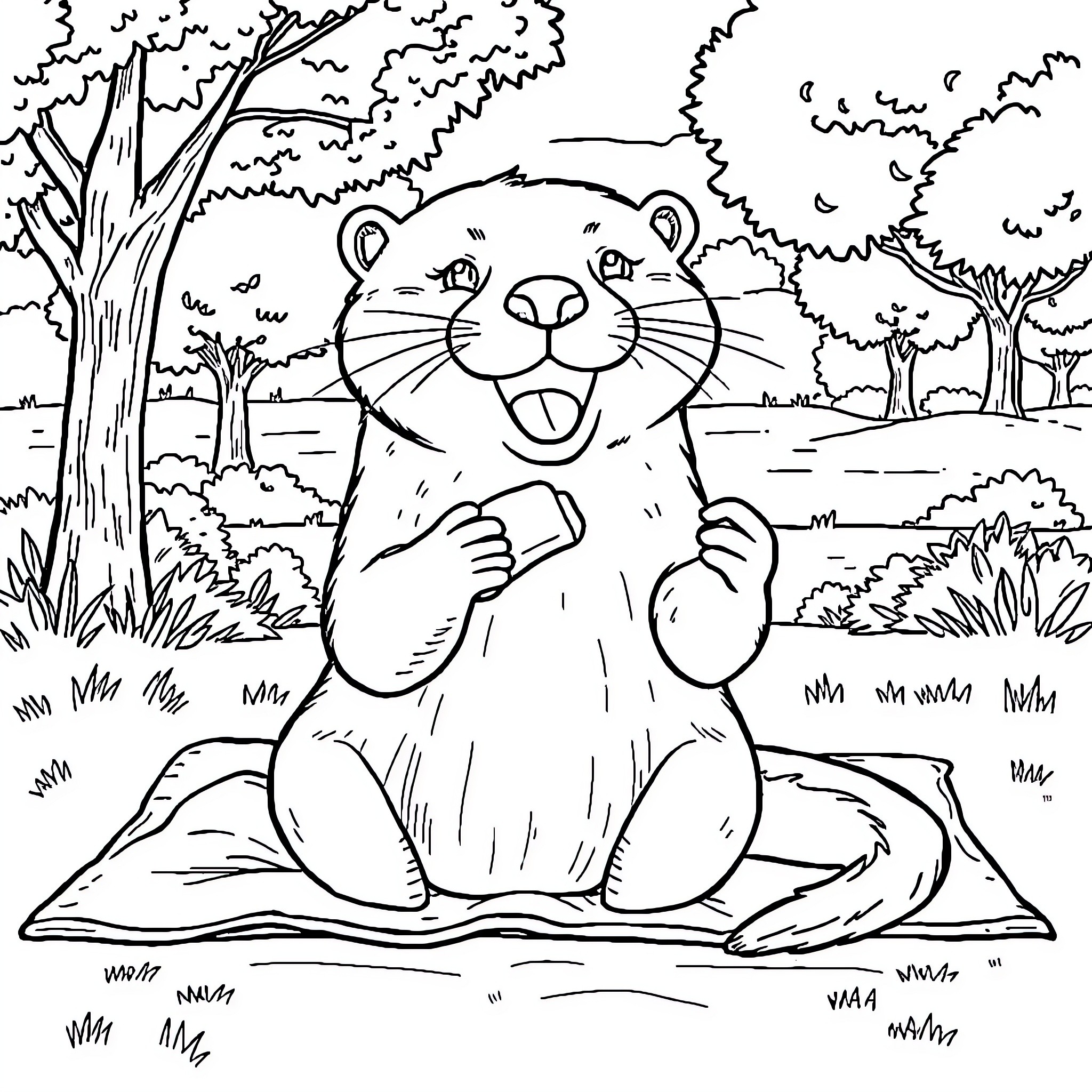 Otter Resting Happily in the Forest Coloring Page (free black-and-white line drawing printable PDF for all, from beginners to advanced learners, including children, teens, adults, and seniors)