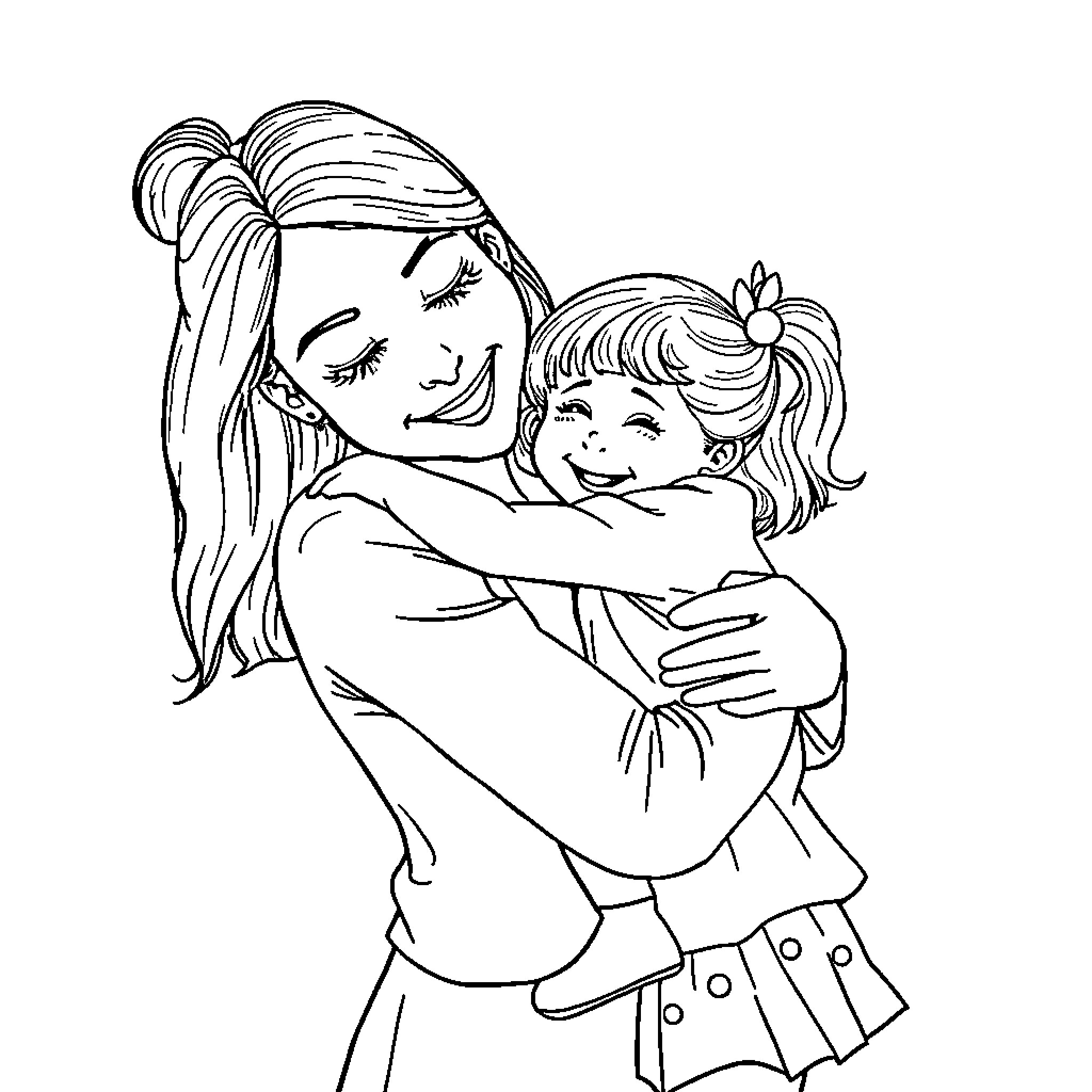 Mom embracing her smiling daughter in affection Coloring Page (free black-and-white line drawing printable PDF for all, from beginners to advanced learners, including children, teens, adults, and seniors)