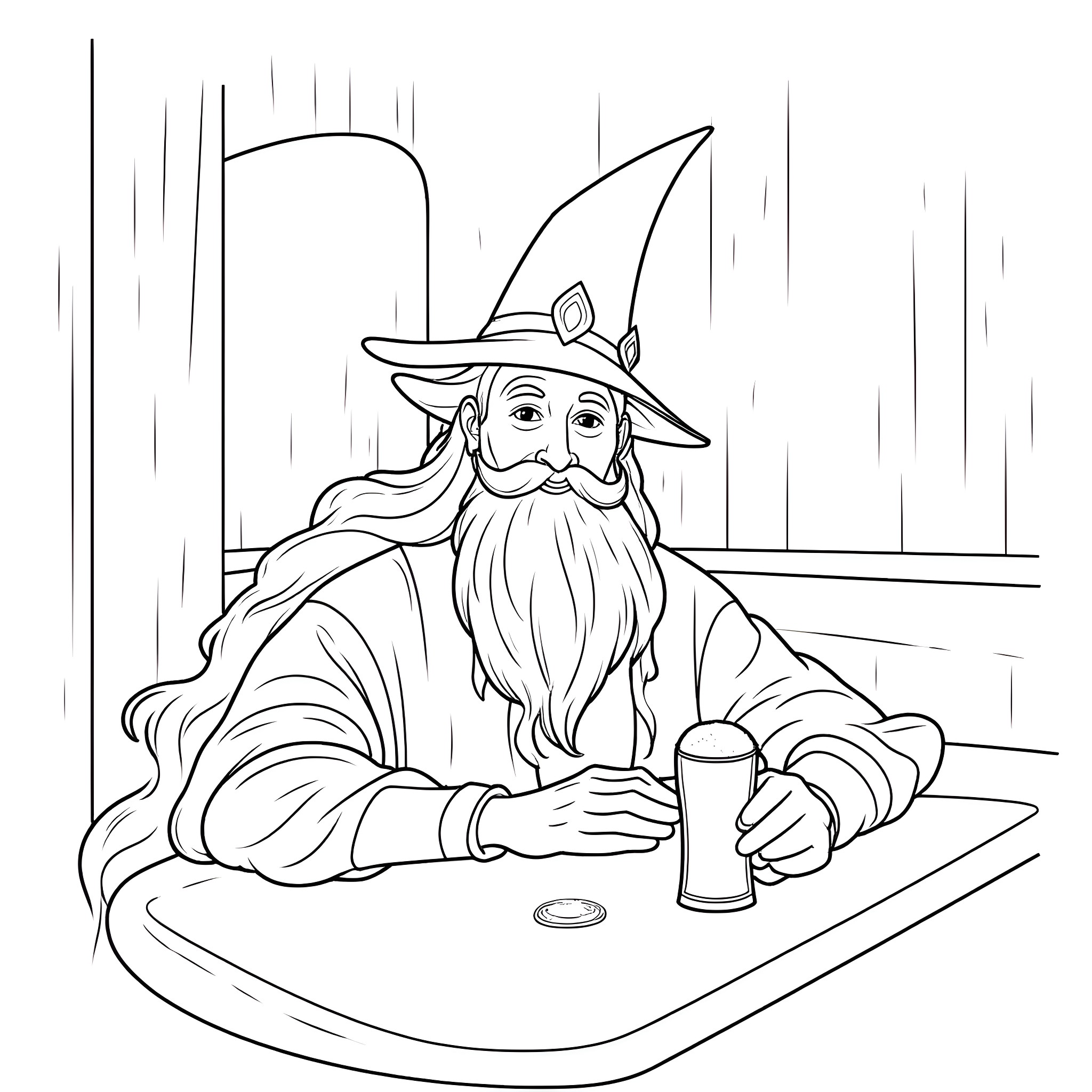 Gandalf enjoying a drink at the inn Coloring Page (free black-and-white line drawing printable PDF for all, from beginners to advanced learners, including children, teens, adults, and seniors)
