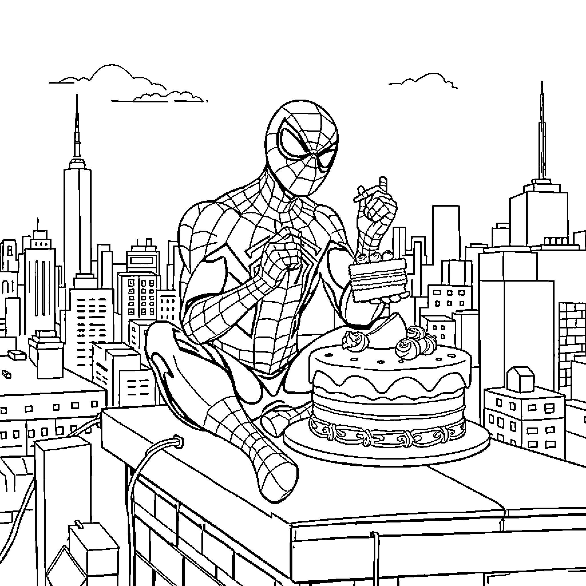 Spider-Man swinging through the city with a birthday cake Coloring Page (free black-and-white line drawing printable PDF for all, from beginners to advanced learners, including children, teens, adults, and seniors)