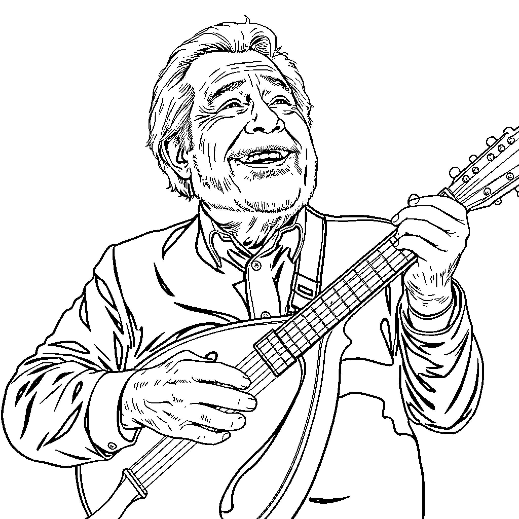 Bill Munro playing guitar with joy and enthusiasm Coloring Page (free black-and-white line drawing printable PDF for all, from beginners to advanced learners, including children, teens, adults, and seniors)