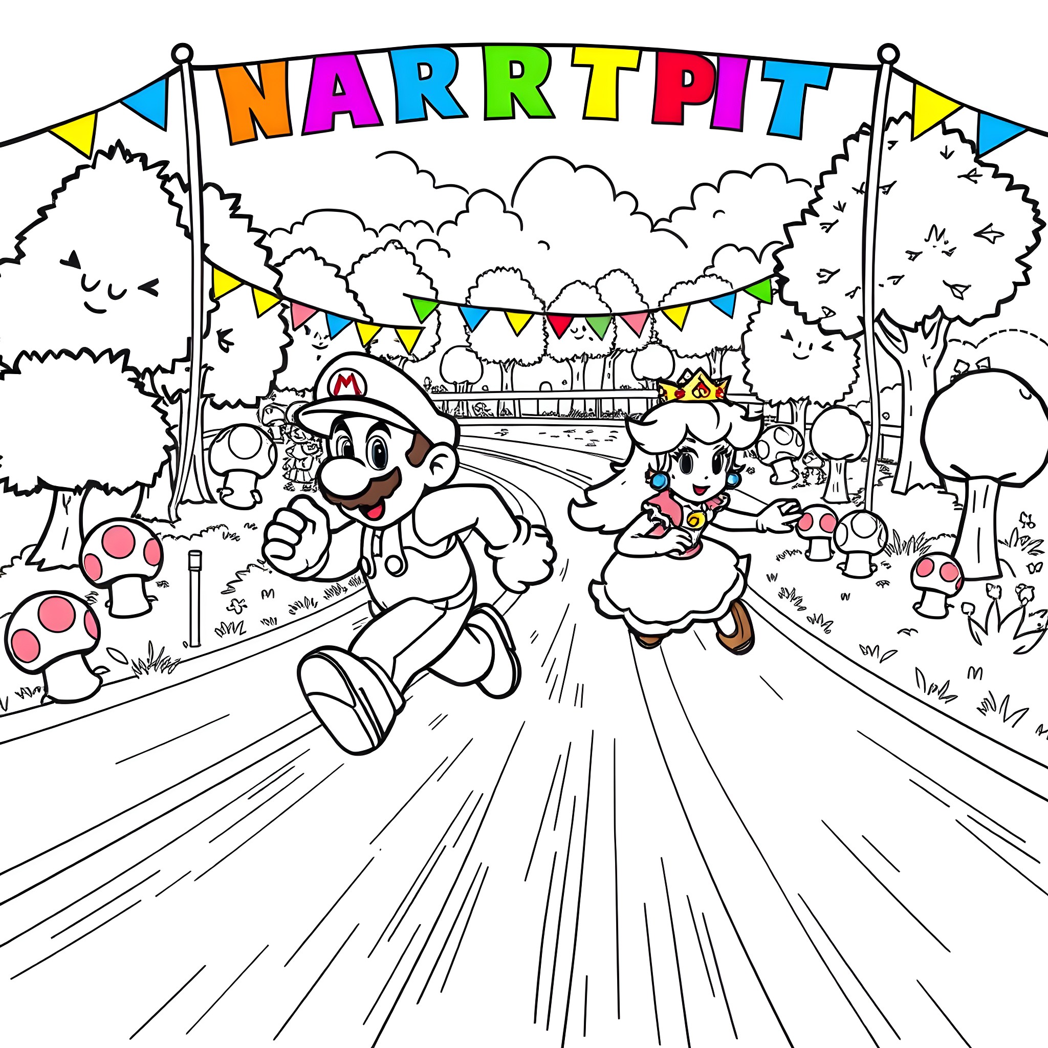 Mario's Exciting Adventure in Narrtpit Coloring Page (free black-and-white line drawing printable PDF for all, from beginners to advanced learners, including children, teens, adults, and seniors)