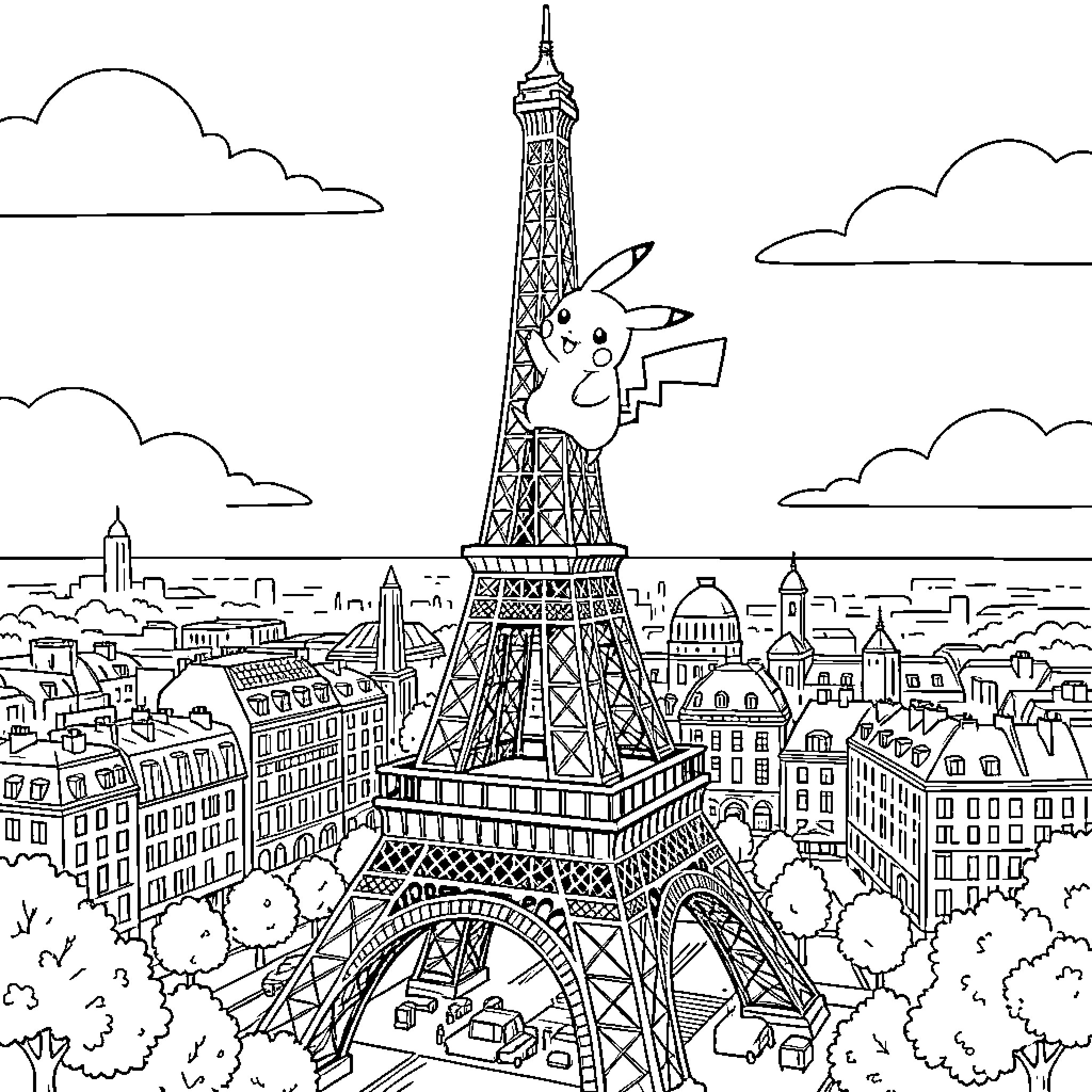 Pikachu exploring the iconic Eiffel Tower in Paris Coloring Page (free black-and-white line drawing printable PDF for all, from beginners to advanced learners, including children, teens, adults, and seniors)