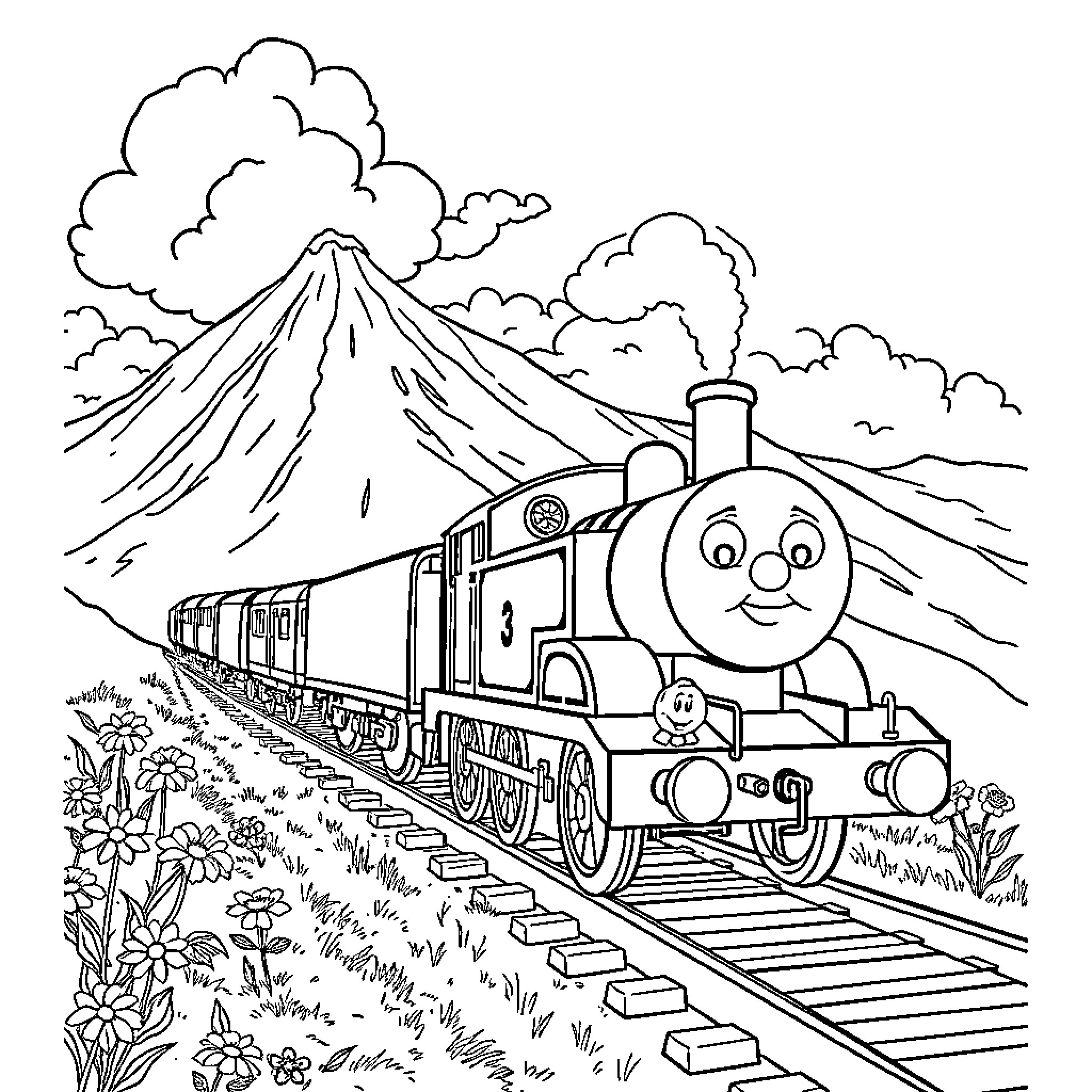 Thomas's Joyful Train Journey through the Countryside Coloring Page (free black-and-white line drawing printable PDF for all, from beginners to advanced learners, including children, teens, adults, and seniors)