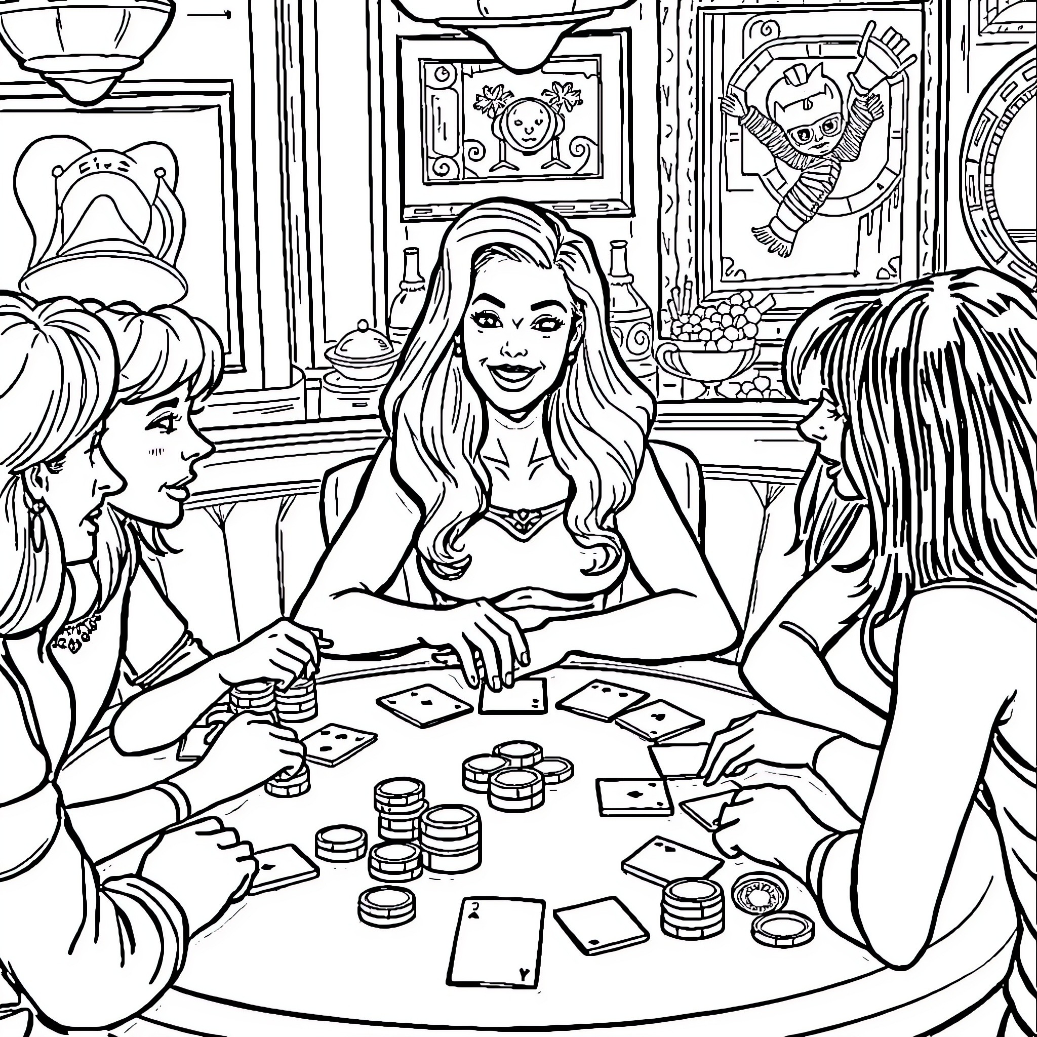 Phoebe Buffay playing cards with friends in a cozy setting Coloring Page (free black-and-white line drawing printable PDF for all, from beginners to advanced learners, including children, teens, adults, and seniors)