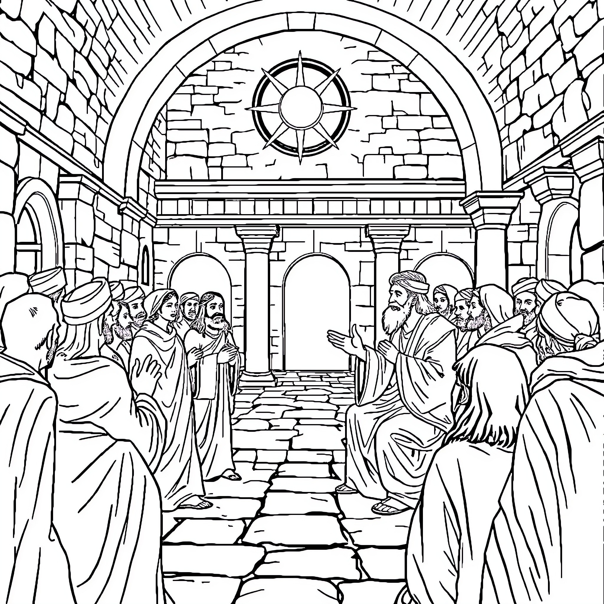 Jesus teaching in the synagogue Coloring Page (free black-and-white line drawing printable PDF for all, from beginners to advanced learners, including children, teens, adults, and seniors)