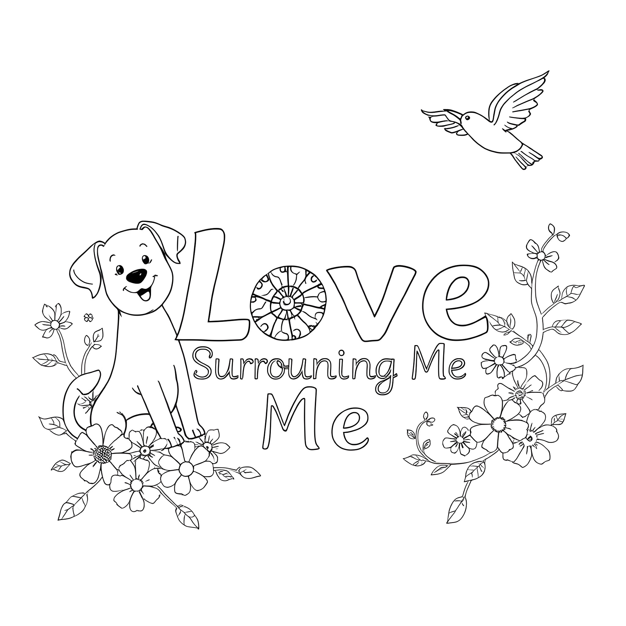 Animal playing happily with flowers and butterflies Coloring Page (free black-and-white line drawing printable PDF for all, from beginners to advanced learners, including children, teens, adults, and seniors)