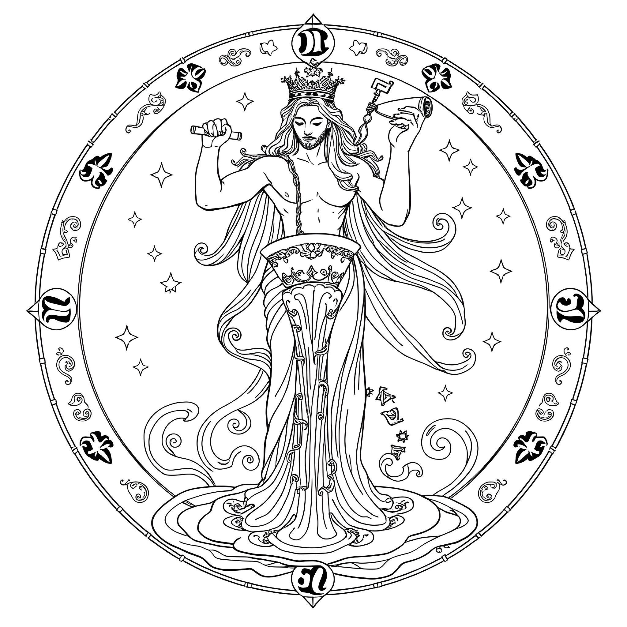 Aquarius: Celestial Goddess in Radiant Splendor Coloring Page (free black-and-white line drawing printable PDF for all, from beginners to advanced learners, including children, teens, adults, and seniors)
