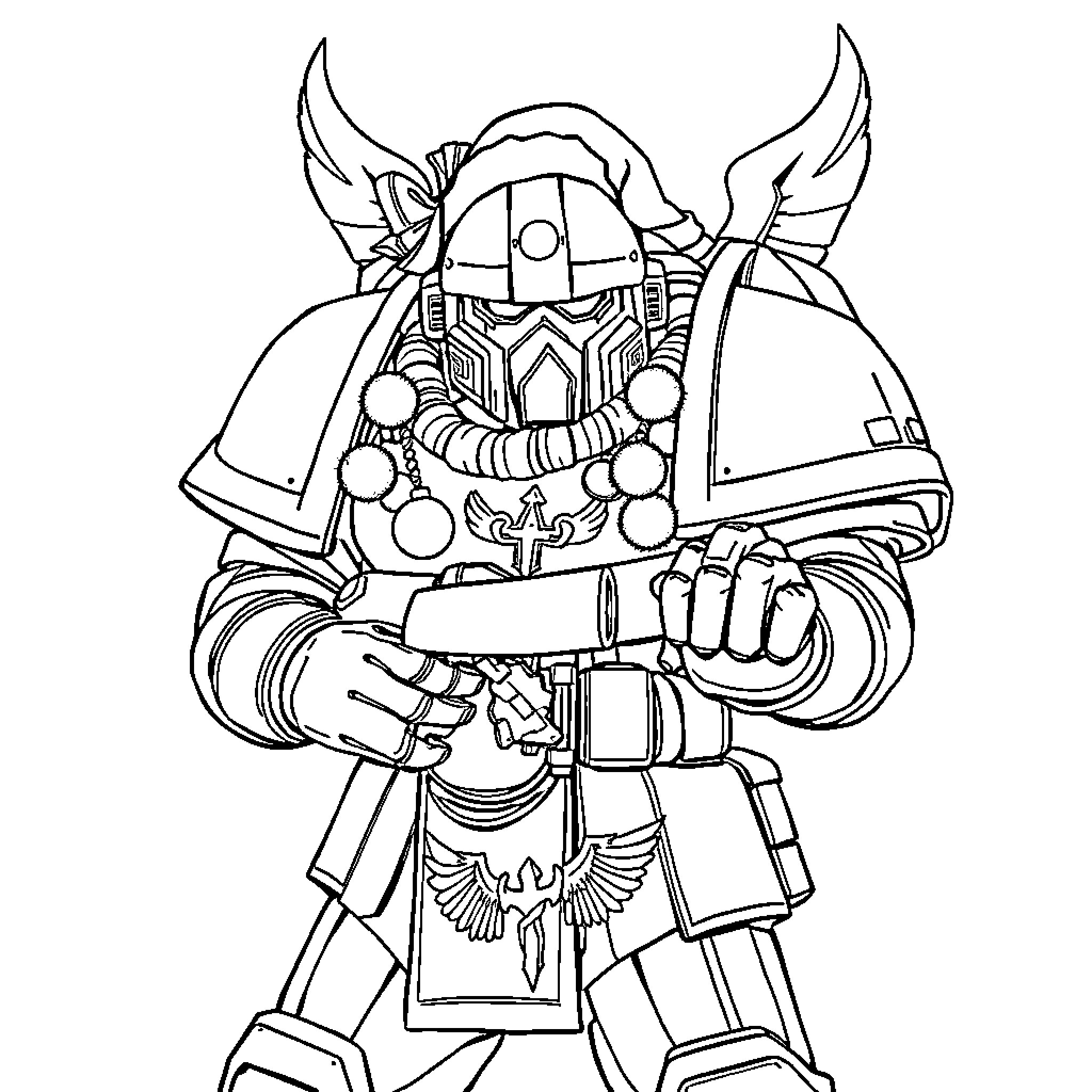 Spacemarine warrior in combat-ready pose Coloring Page (free black-and-white line drawing printable PDF for all, from beginners to advanced learners, including children, teens, adults, and seniors)