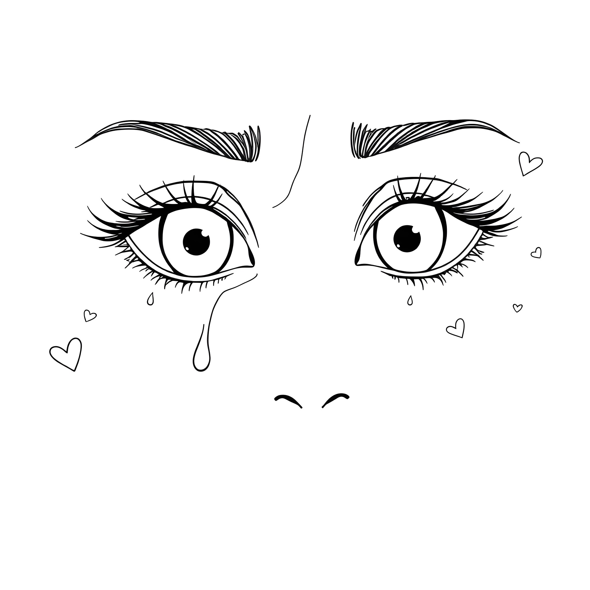 Emoji crying eyes with hearts Coloring Page (free black-and-white line drawing printable PDF for all, from beginners to advanced learners, including children, teens, adults, and seniors)