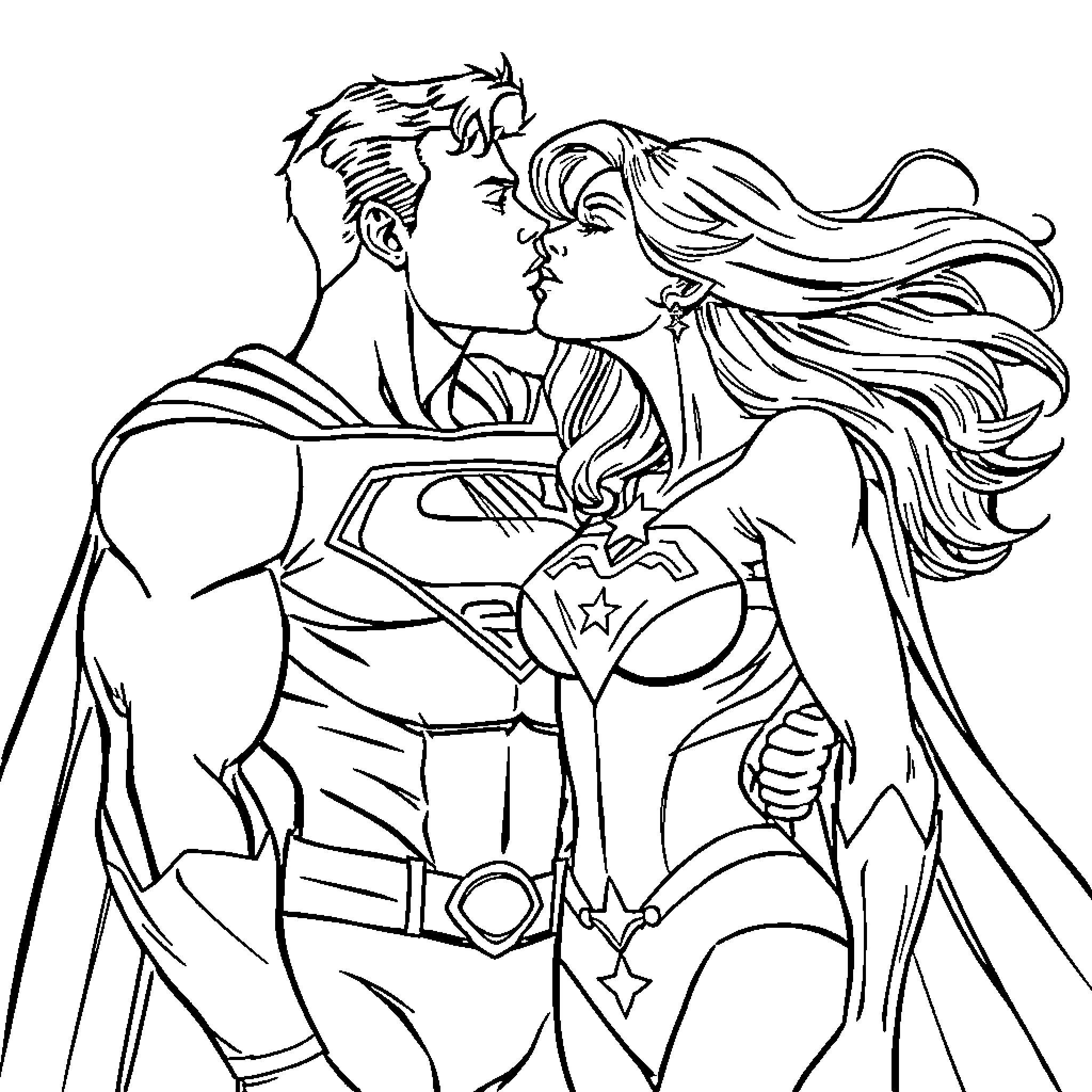 Superman and Wonder Woman in a passionate embrace Coloring Page (free black-and-white line drawing printable PDF for all, from beginners to advanced learners, including children, teens, adults, and seniors)