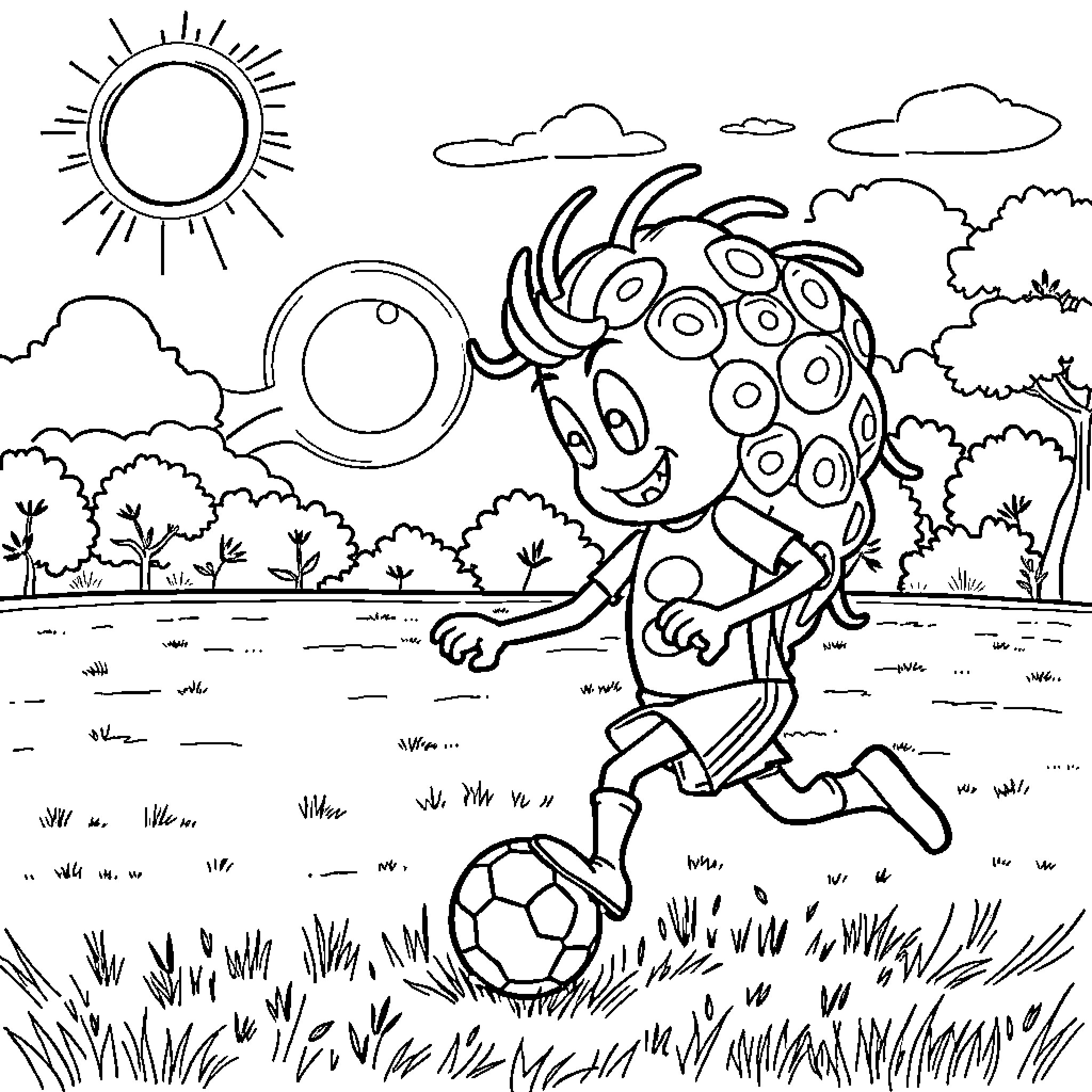 Brainrot Creature Playing with Ball in Nature Coloring Page (free black-and-white line drawing printable PDF for all, from beginners to advanced learners, including children, teens, adults, and seniors)