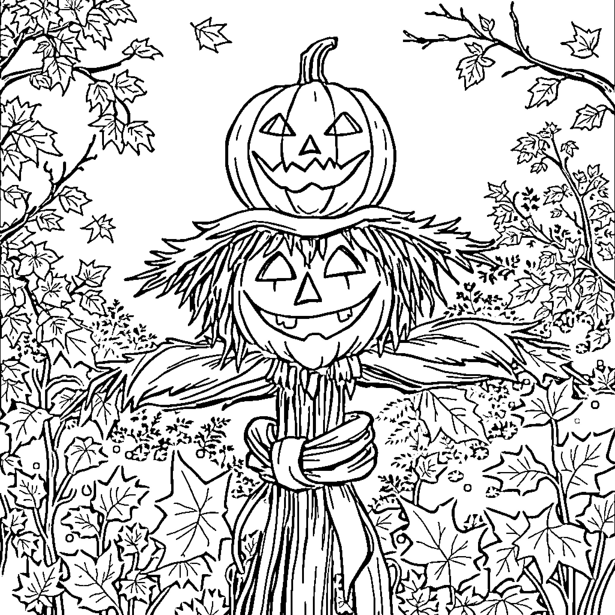 Jack-o'-lanterns with scarecrows in autumn foliage Coloring Page (free black-and-white line drawing printable PDF for all, from beginners to advanced learners, including children, teens, adults, and seniors)