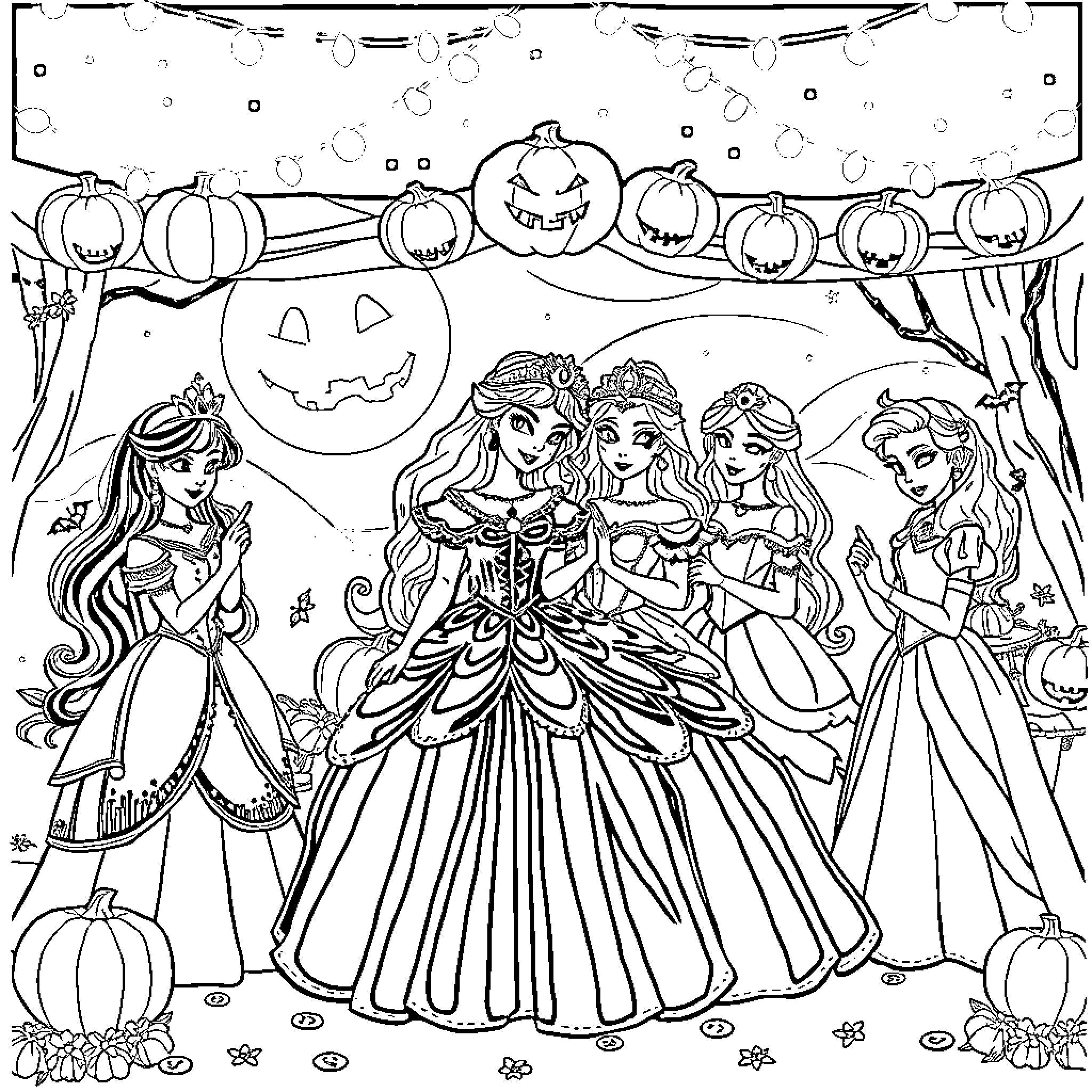 Princess Halloween Ball with Pumpkins and Dresses Coloring Page (free black-and-white line drawing printable PDF for all, from beginners to advanced learners, including children, teens, adults, and seniors)
