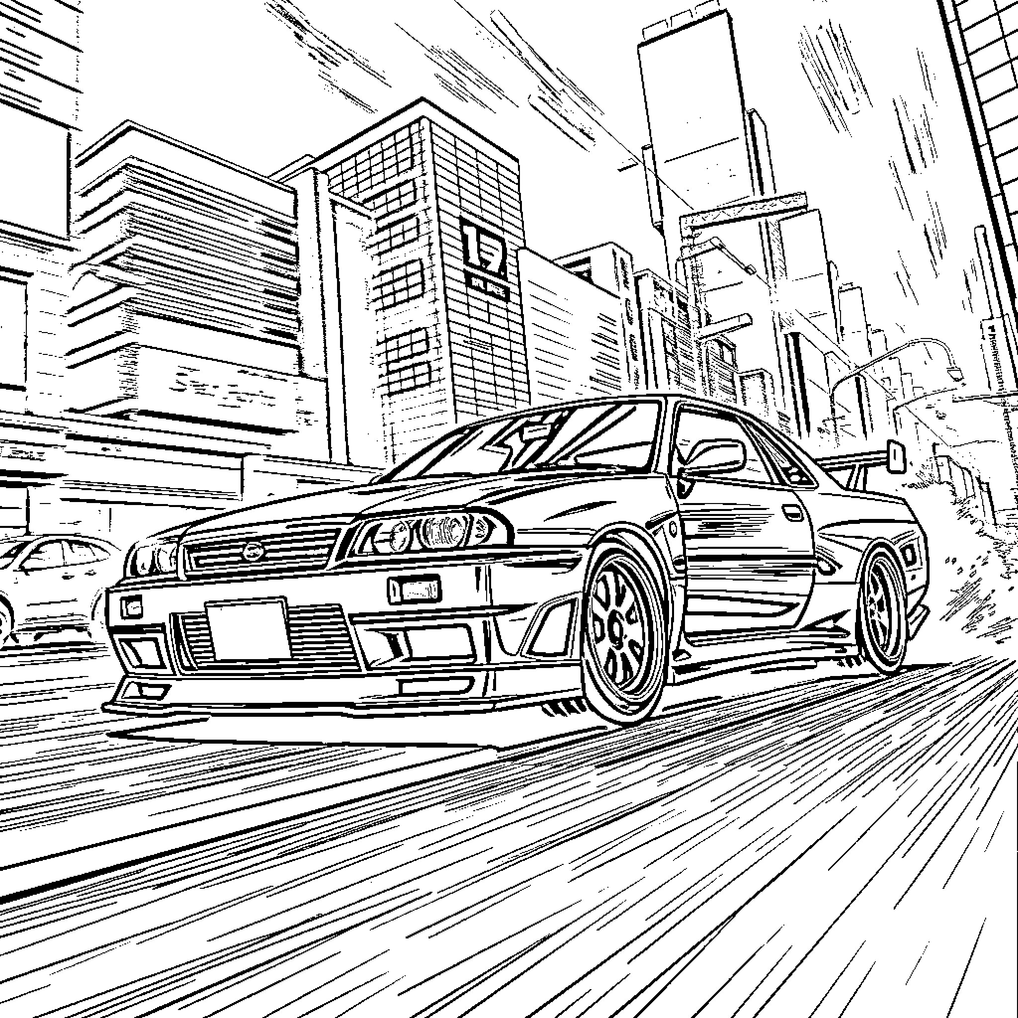 Nissan Skyline speeding through urban city Coloring Page (free black-and-white line drawing printable PDF for all, from beginners to advanced learners, including children, teens, adults, and seniors)
