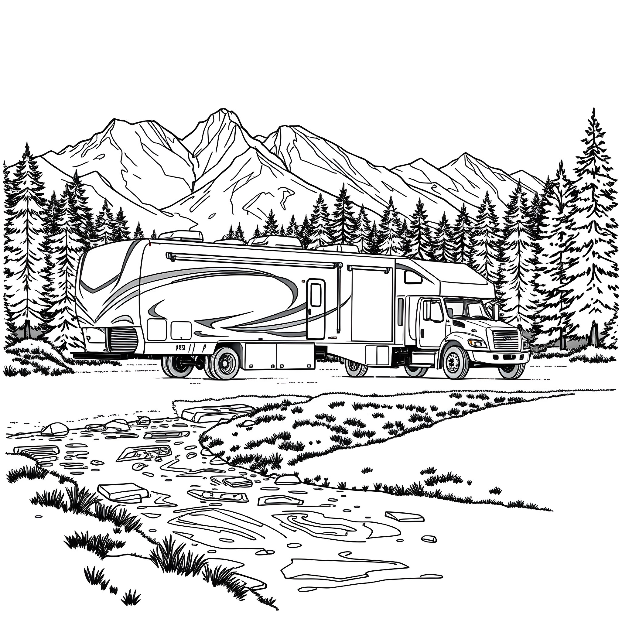 Fifth Wheel RV Adventure in the Mountains Coloring Page (free black-and-white line drawing printable PDF for all, from beginners to advanced learners, including children, teens, adults, and seniors)