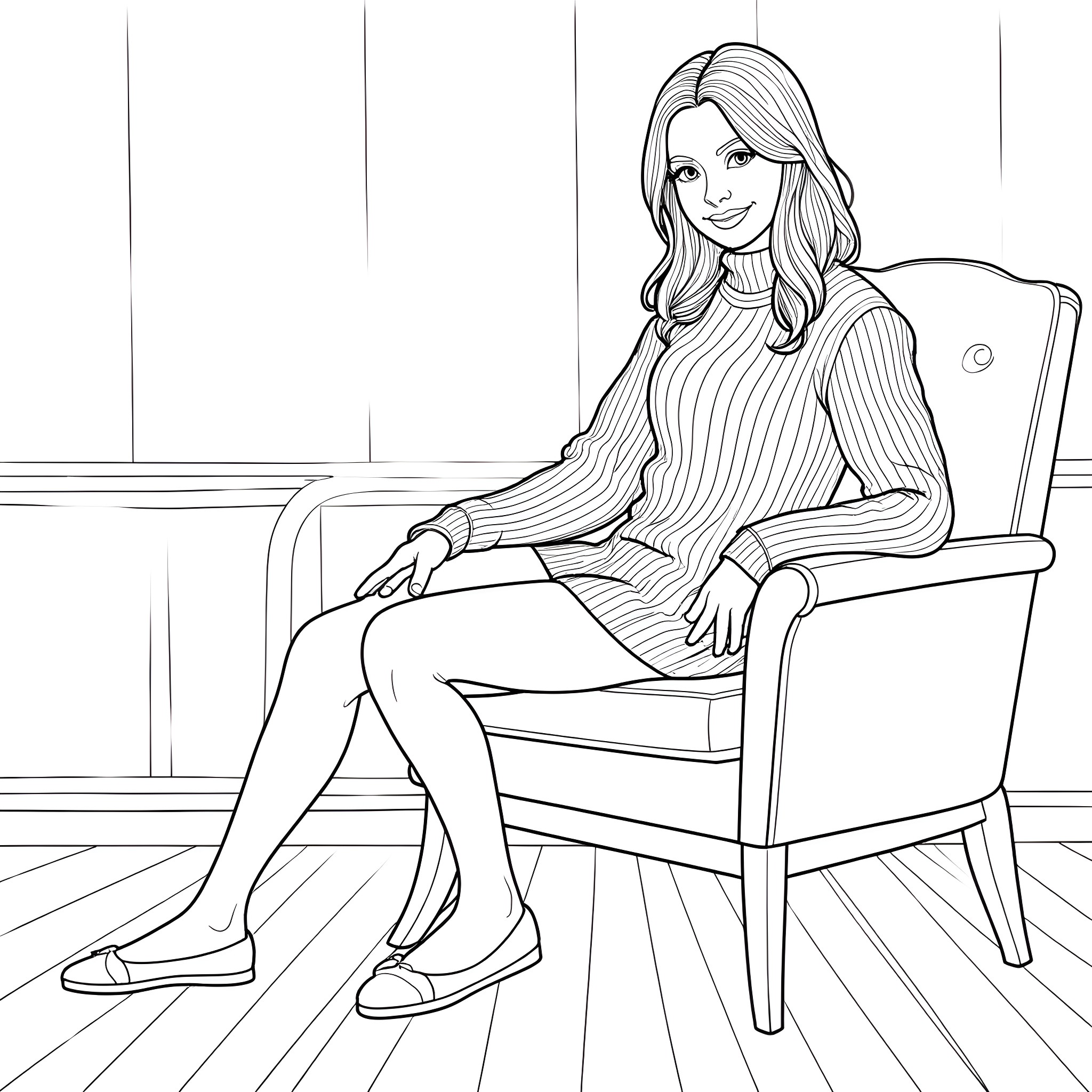 Woman sitting comfortably in a chair Coloring Page (free black-and-white line drawing printable PDF for all, from beginners to advanced learners, including children, teens, adults, and seniors)