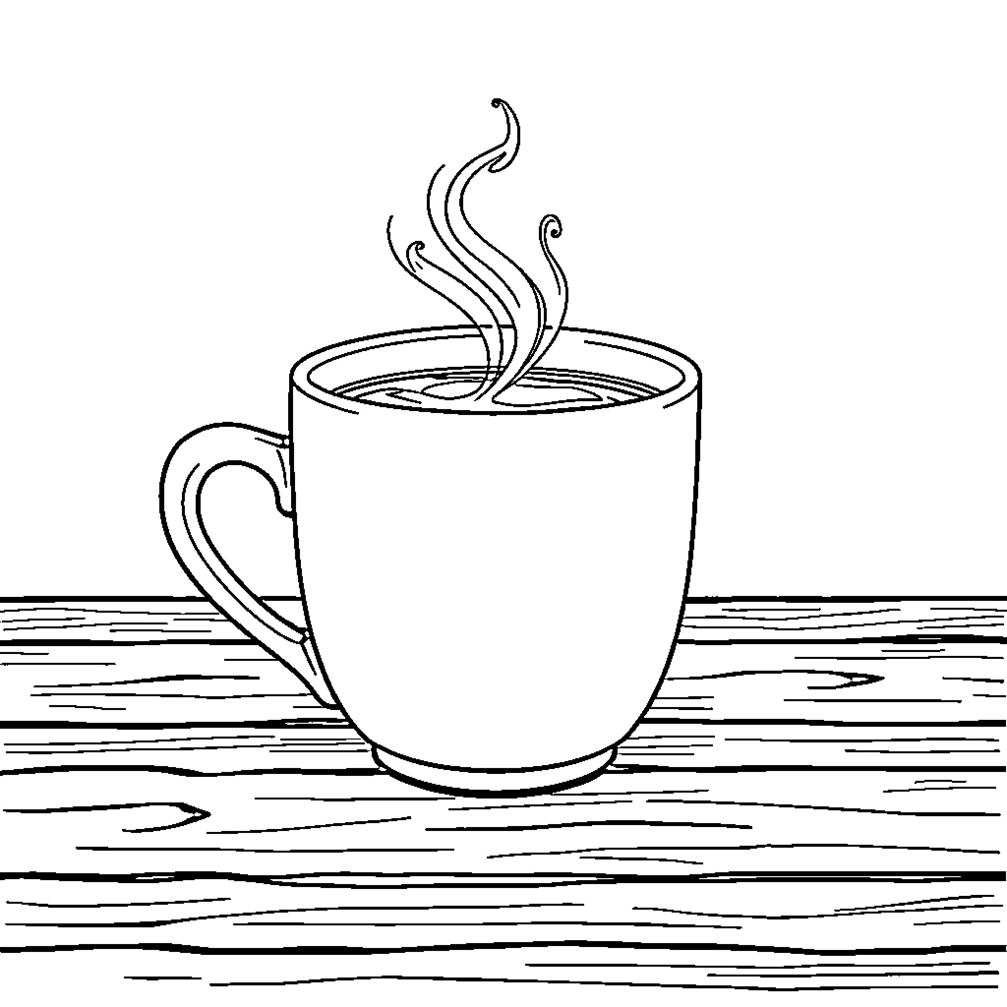 Cup of Steaming Hot Beverage on Wooden Surface Coloring Page (free black-and-white line drawing printable PDF for all, from beginners to advanced learners, including children, teens, adults, and seniors)