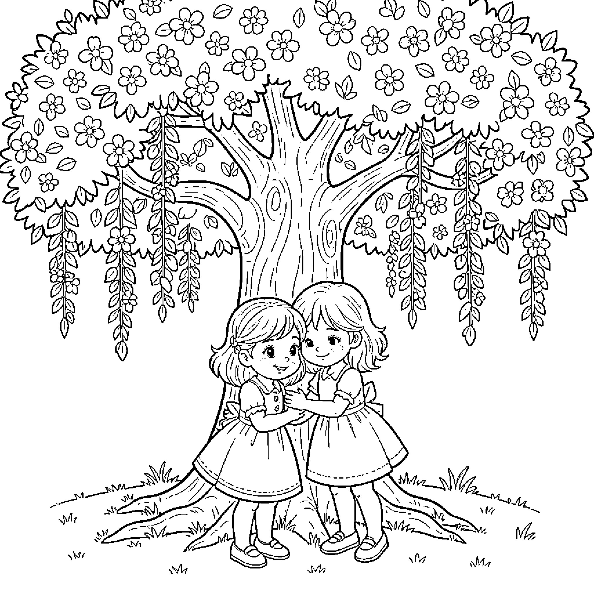 Fille hugging each other under a blooming tree Coloring Page (free black-and-white line drawing printable PDF for all, from beginners to advanced learners, including children, teens, adults, and seniors)