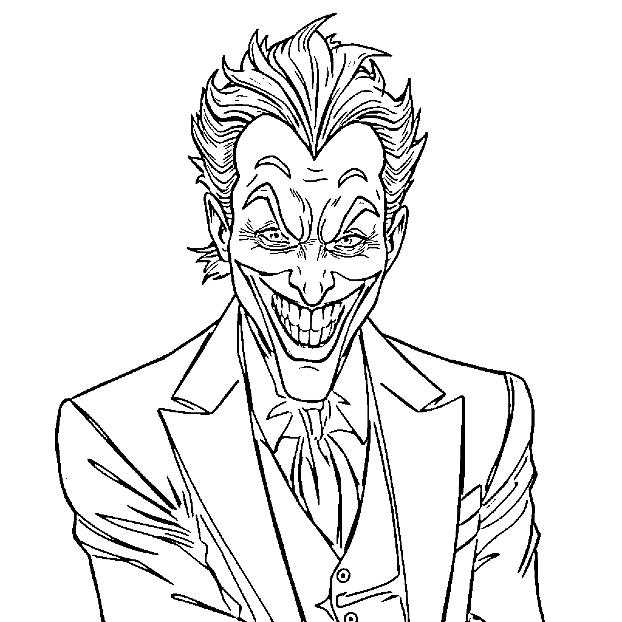 Joker's Sinister Grin and Eccentric Attire Coloring Page (free black-and-white line drawing printable PDF for all, from beginners to advanced learners, including children, teens, adults, and seniors)
