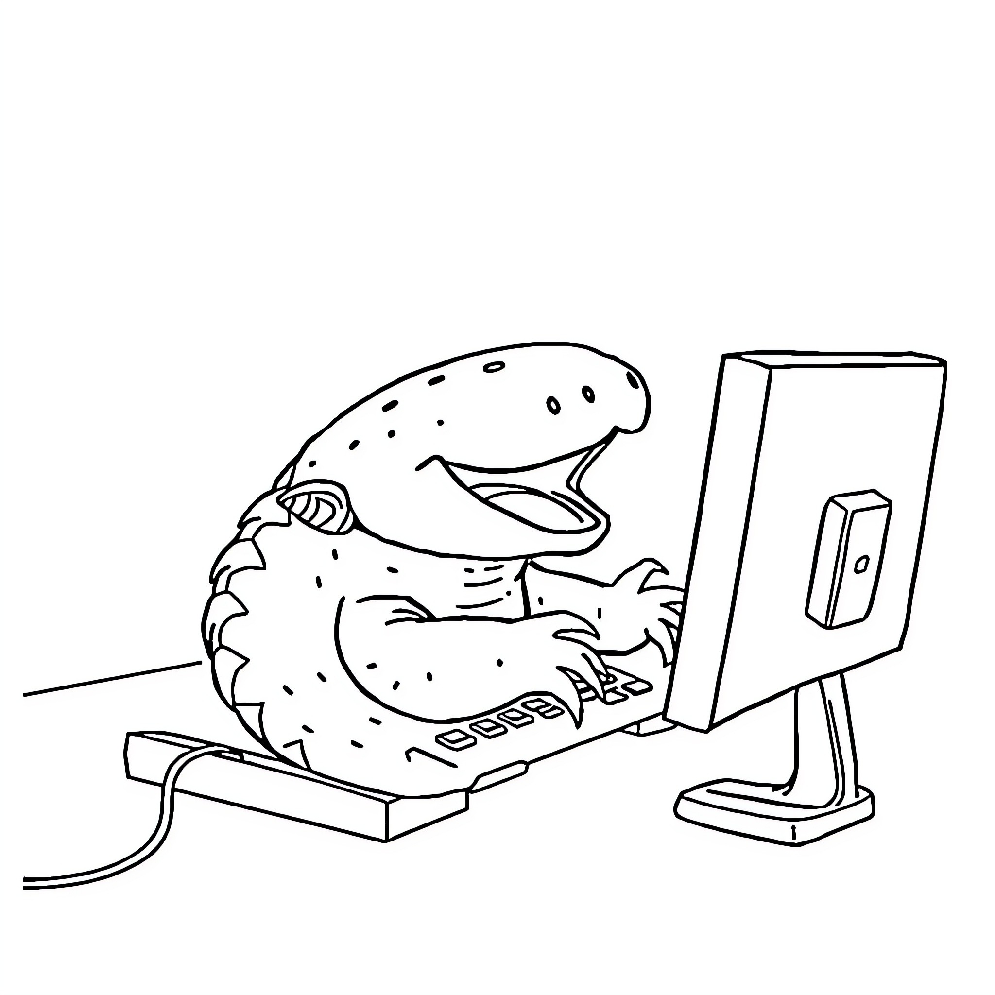 Axolotl working diligently on a computer Coloring Page (free black-and-white line drawing printable PDF for all, from beginners to advanced learners, including children, teens, adults, and seniors)