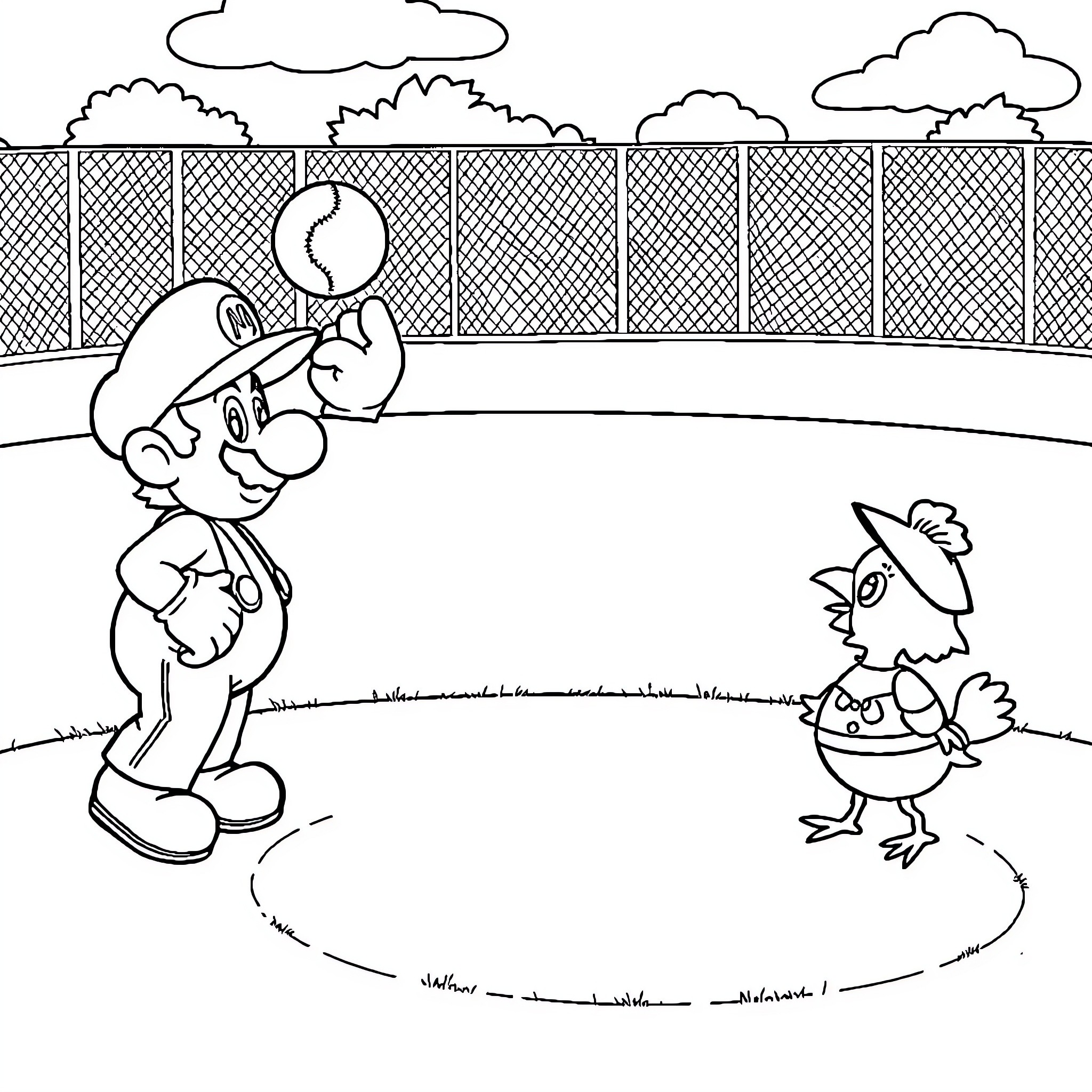 Mario Chasing After Mischievous Creature Coloring Page (free black-and-white line drawing printable PDF for all, from beginners to advanced learners, including children, teens, adults, and seniors)