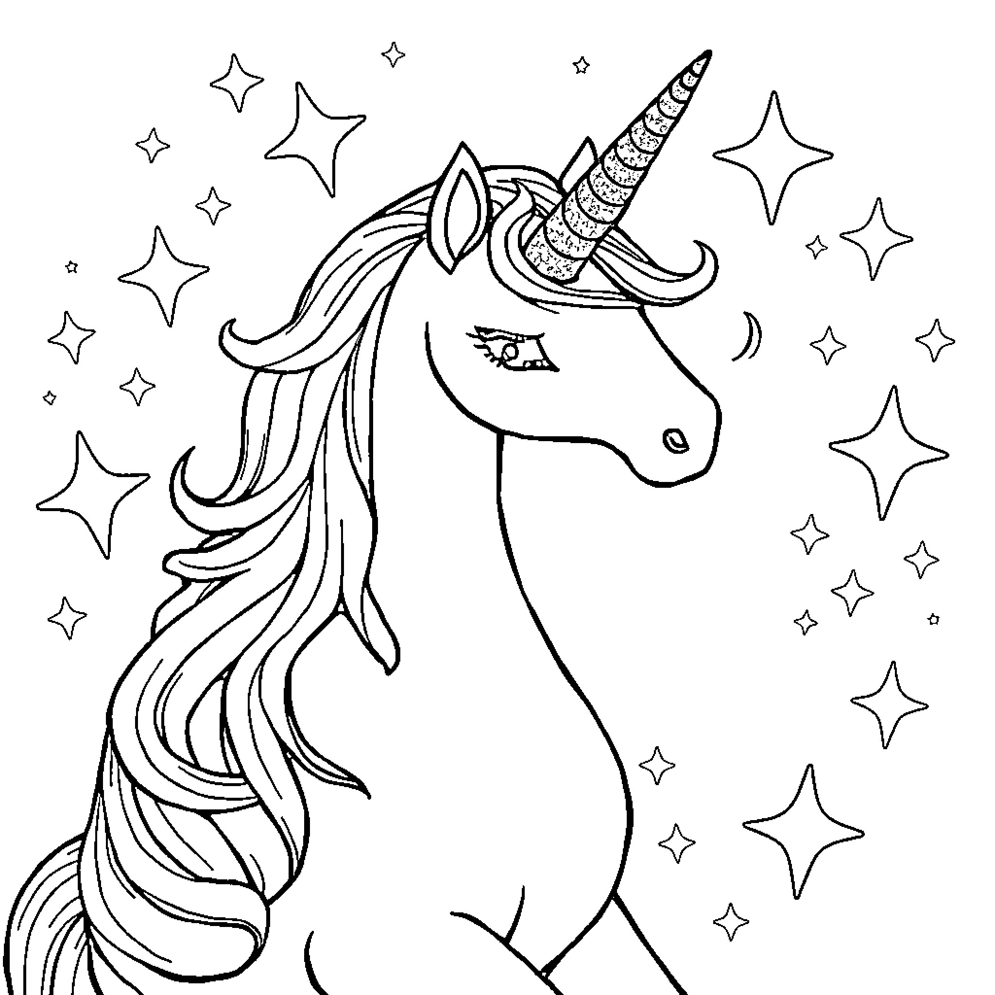 Unicorn gazing at the starry night sky Coloring Page (free black-and-white line drawing printable PDF for all, from beginners to advanced learners, including children, teens, adults, and seniors)