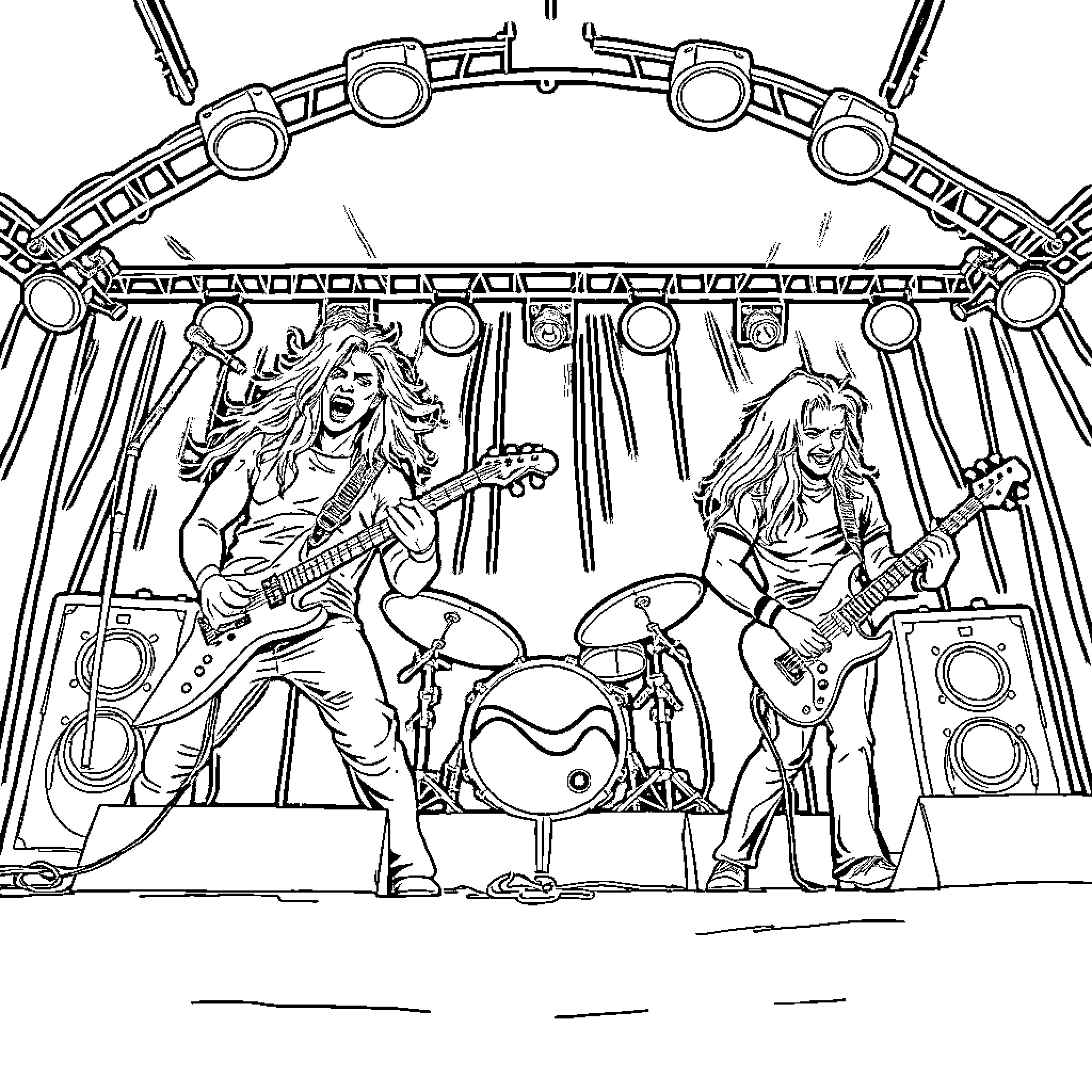 Band performing on stage with instruments Coloring Page (free black-and-white line drawing printable PDF for all, from beginners to advanced learners, including children, teens, adults, and seniors)
