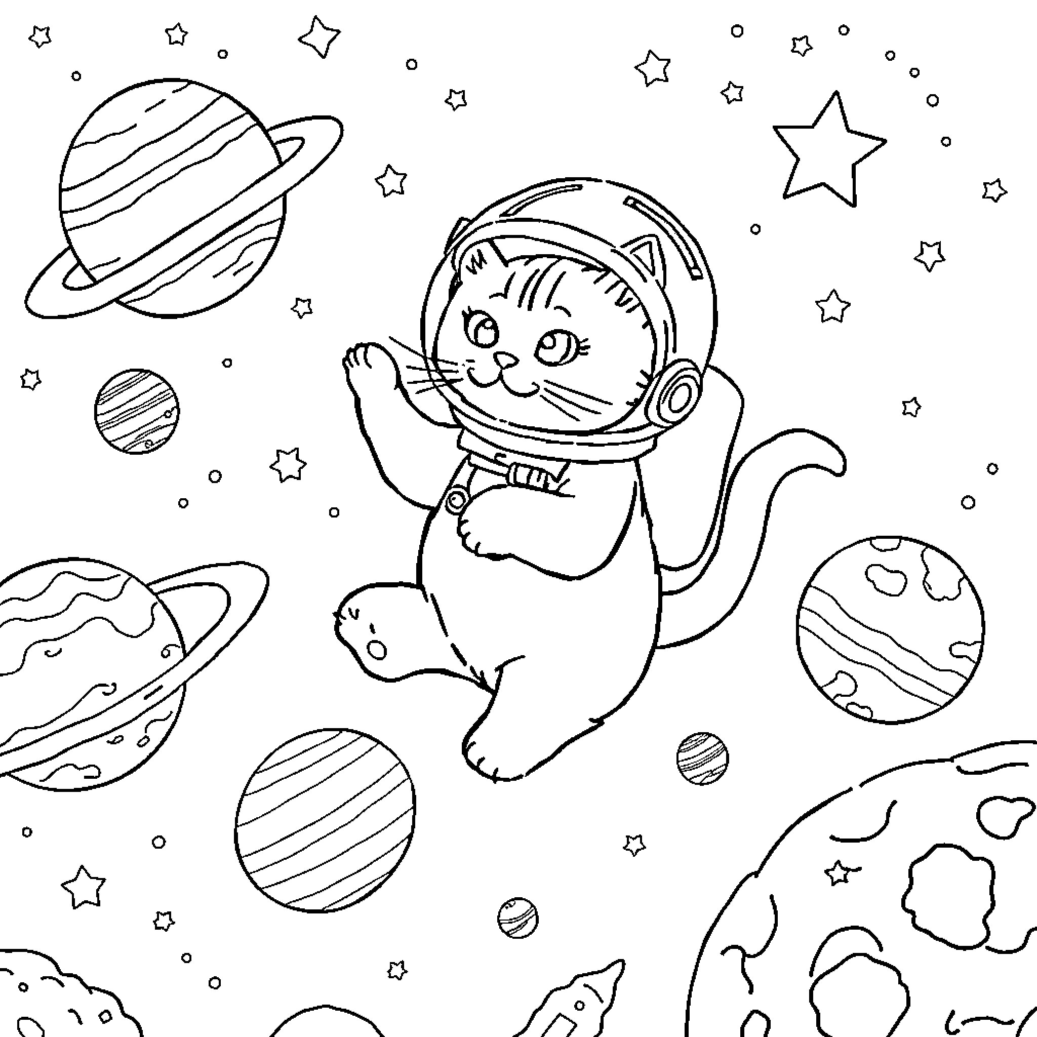 Cat astronaut exploring space with planets and stars Coloring Page (free black-and-white line drawing printable PDF for all, from beginners to advanced learners, including children, teens, adults, and seniors)