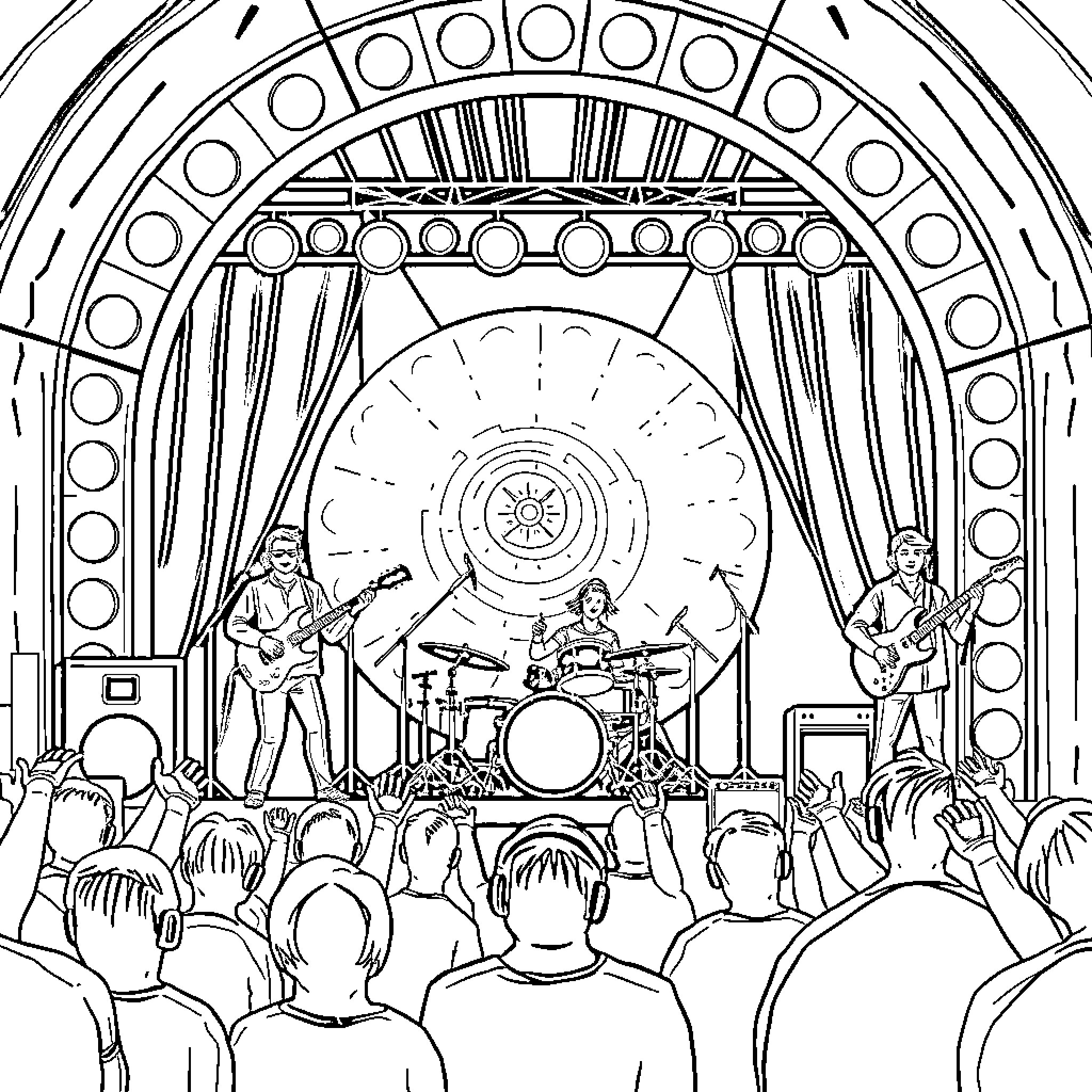 Band Performing on Stage with Crowd Coloring Page (free black-and-white line drawing printable PDF for all, from beginners to advanced learners, including children, teens, adults, and seniors)