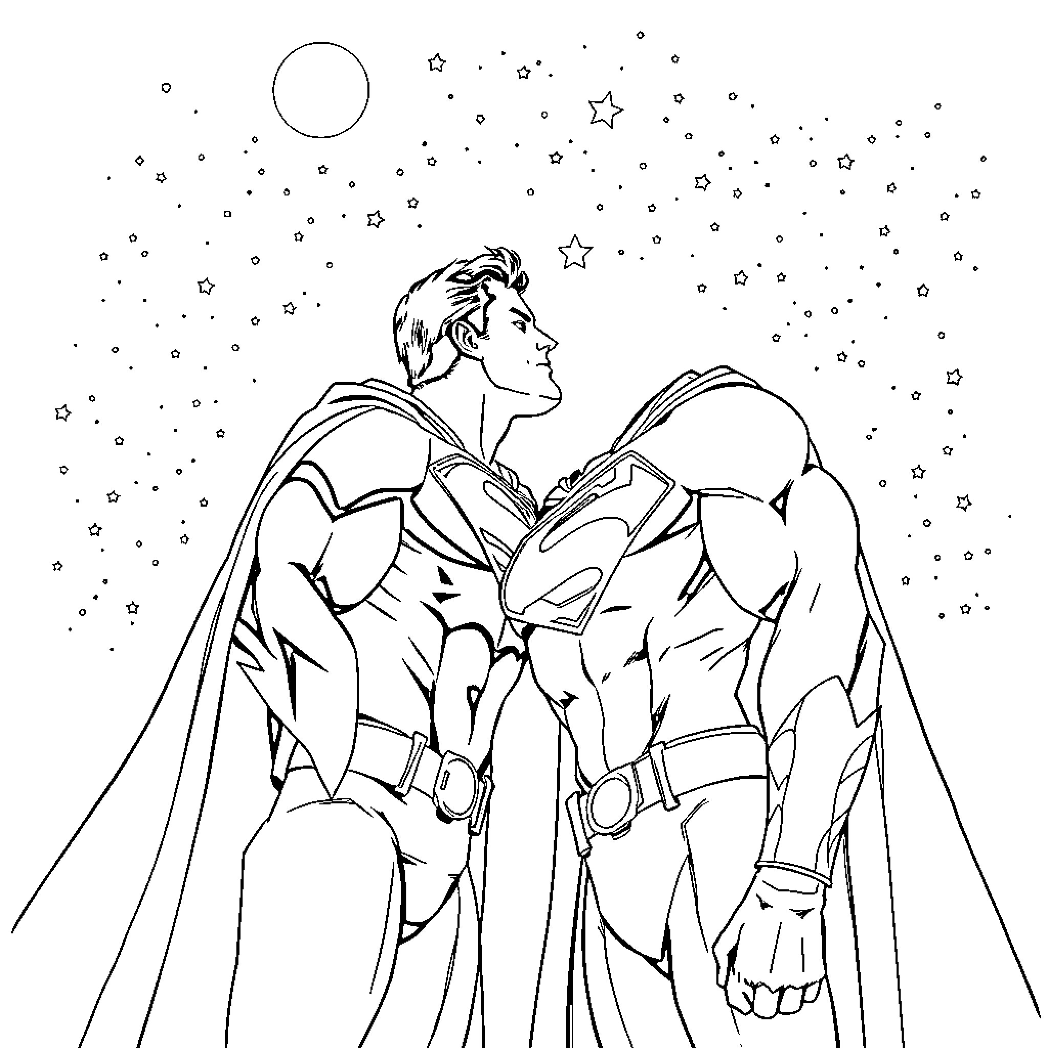 Superman soaring through the starry night sky Coloring Page (free black-and-white line drawing printable PDF for all, from beginners to advanced learners, including children, teens, adults, and seniors)