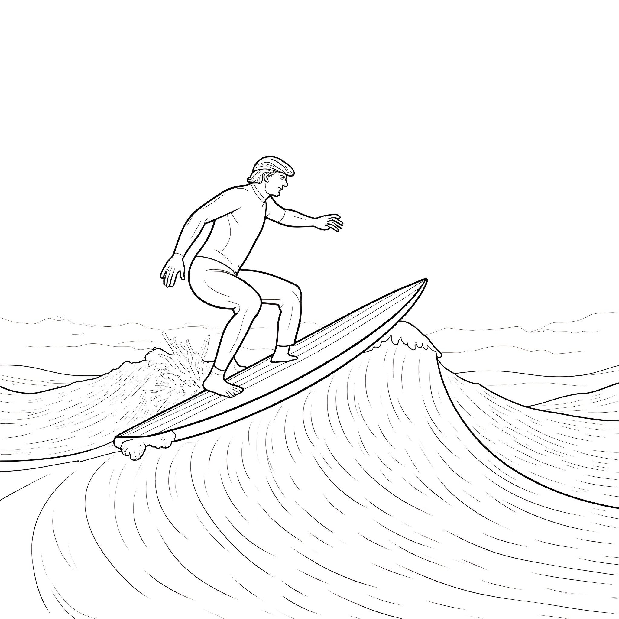 Trump surfing on a giant wave Coloring Page (free black-and-white line drawing printable PDF for all, from beginners to advanced learners, including children, teens, adults, and seniors)