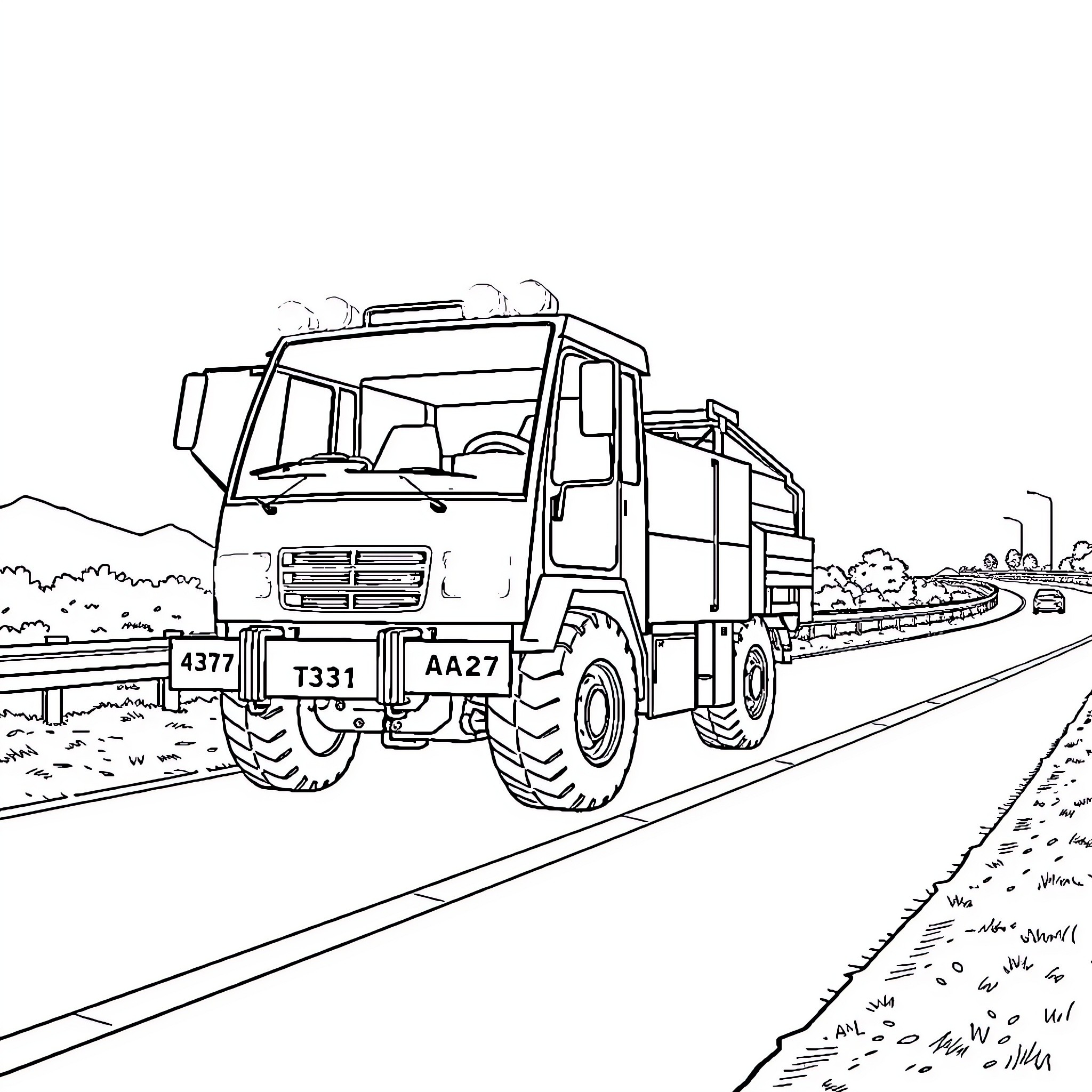 Vehicule transporting heavy cargo on highway Coloring Page (free black-and-white line drawing printable PDF for all, from beginners to advanced learners, including children, teens, adults, and seniors)