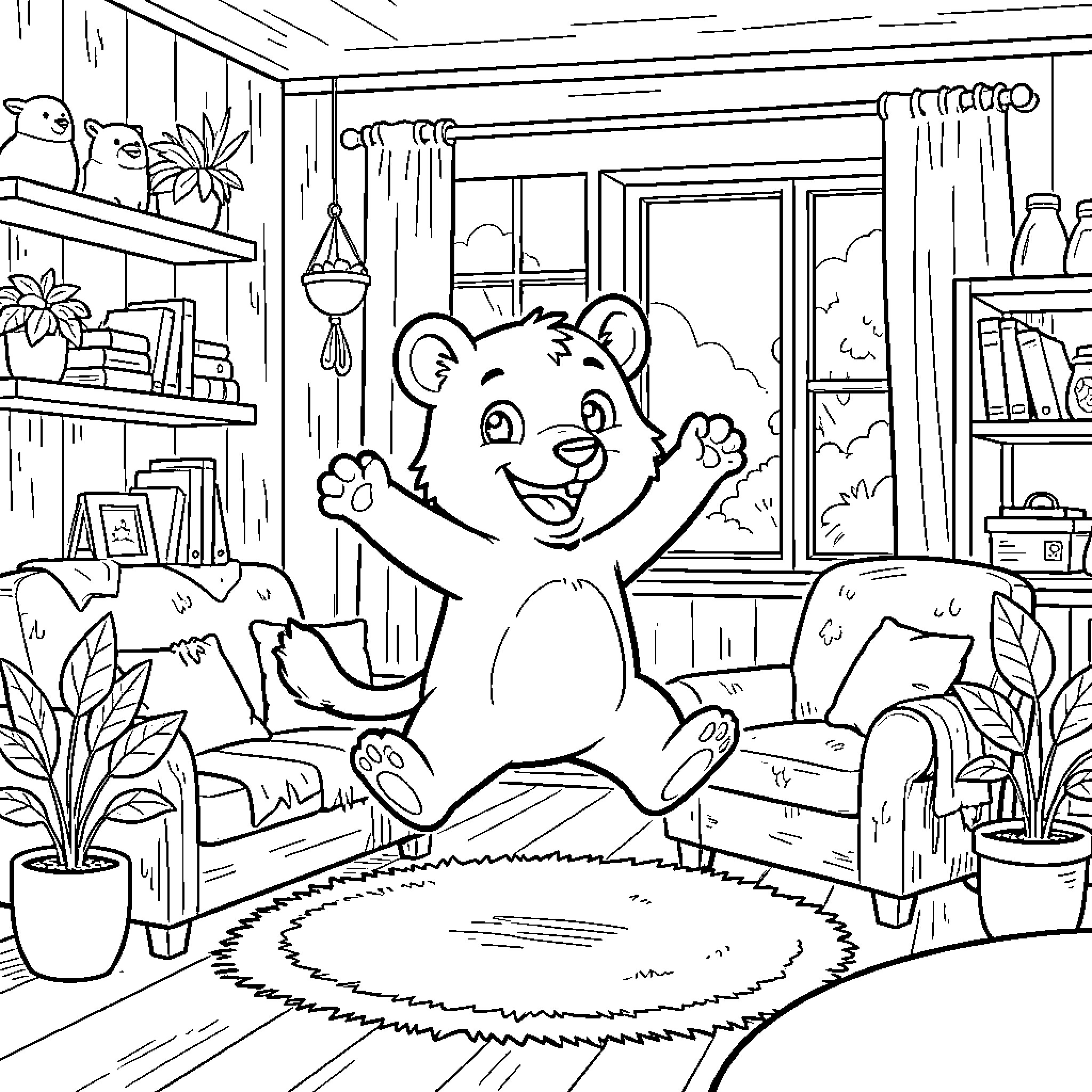 Tigrou jumping joyfully in a cozy living room Coloring Page (free black-and-white line drawing printable PDF for all, from beginners to advanced learners, including children, teens, adults, and seniors)